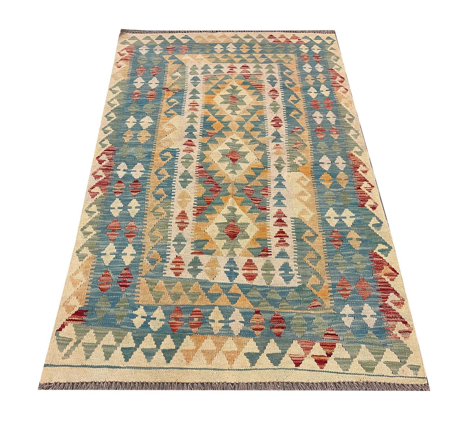 photo furniture Turquoise Blue Kilim Rug, Handmade Carpet, Wool Geometric Flat Weave Carpet 5'9" × 3'9" (2015–2025)