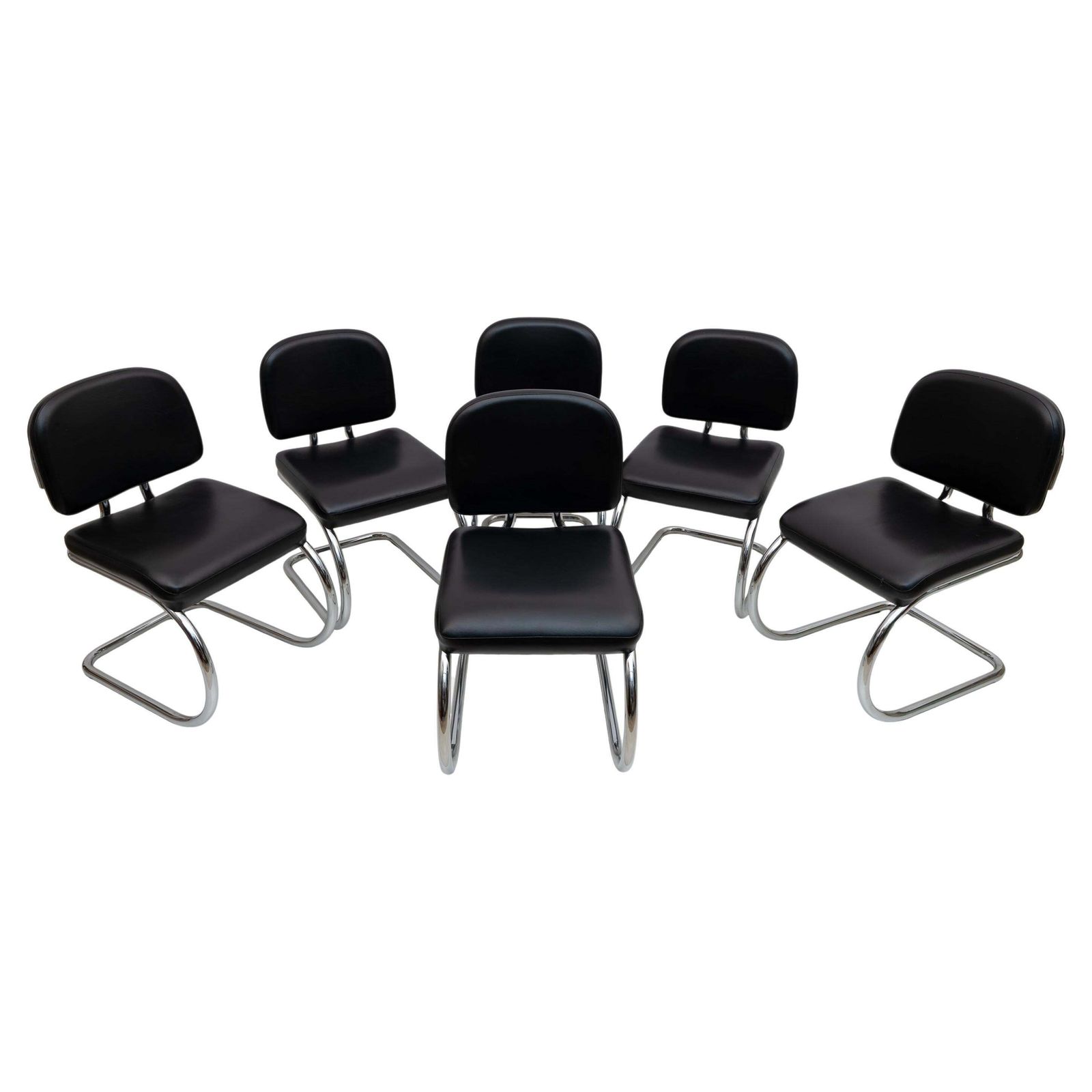 Six Of Bauhaus Style Leatherette And Metal Chromed Cantilever Dining Chairs, 70s