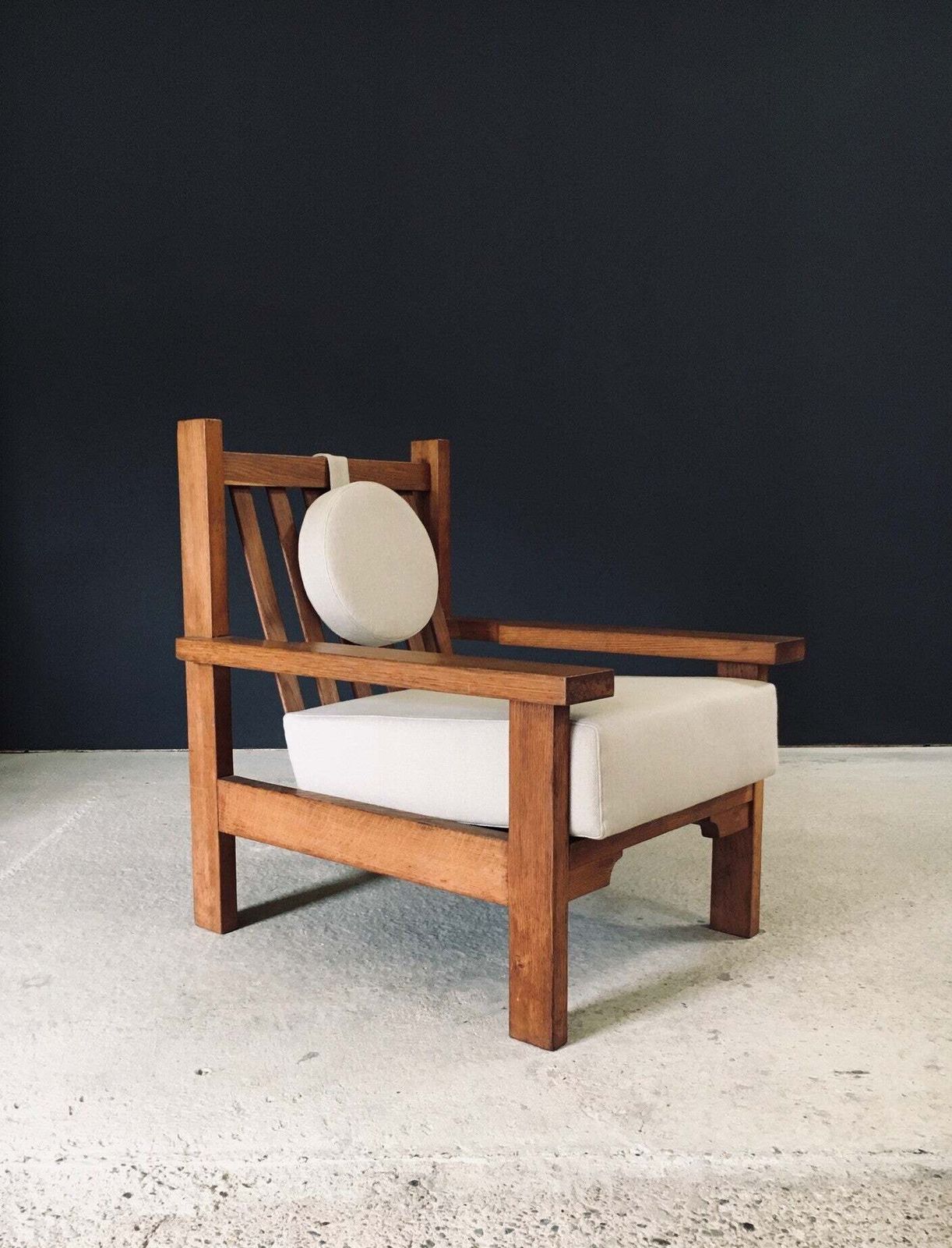 Architecturale Vierkante Design Fauteuil In Eiken, België, Ca. Jaren 1950 photo furniture