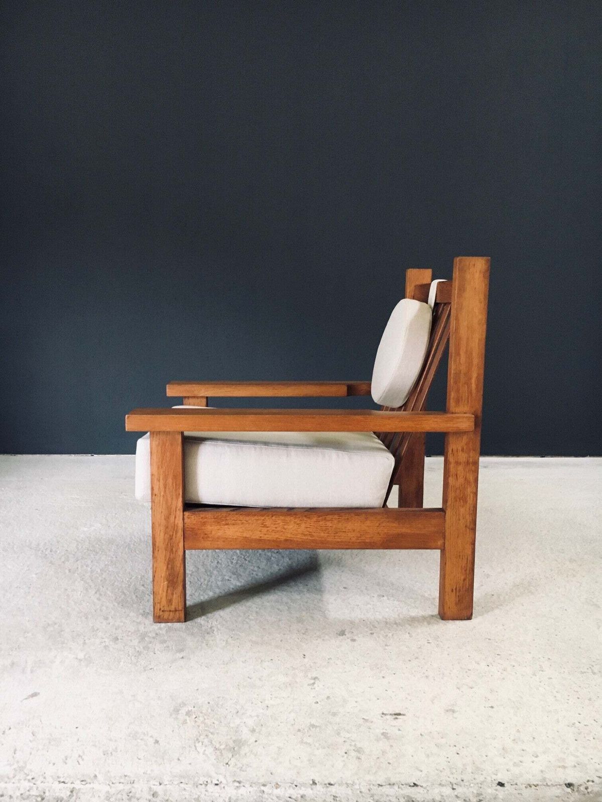 photo furniture Architecturale Vierkante Design Fauteuil In Eiken, België, Ca. Jaren 1950