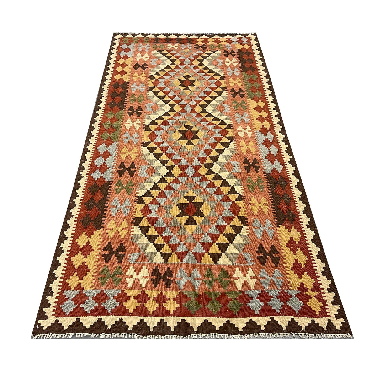 Contemporary Brown Wool Kilim Rug   Handmade Geometric Carpet, 6'1" X 3'5" photo furniture