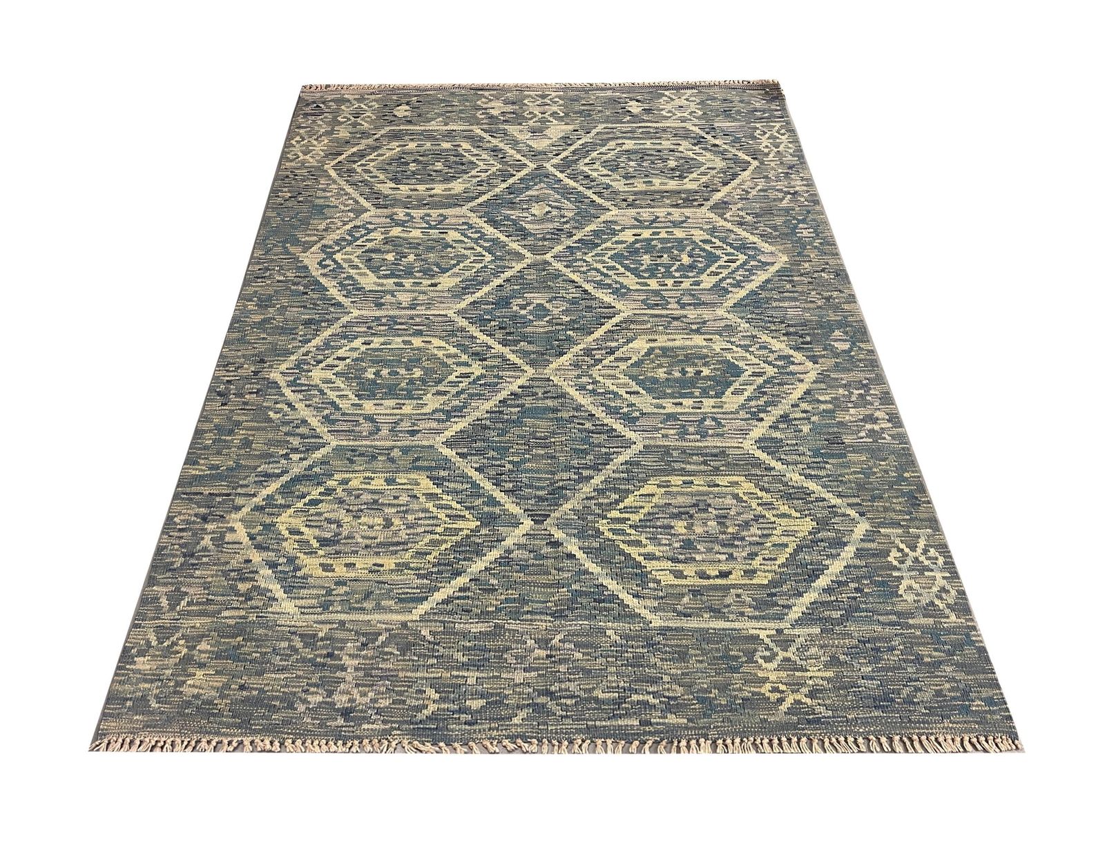Geometric Kilim Rug: Contemporary Wool Flatweave Carpet (6'5" X 4'2") photo furniture