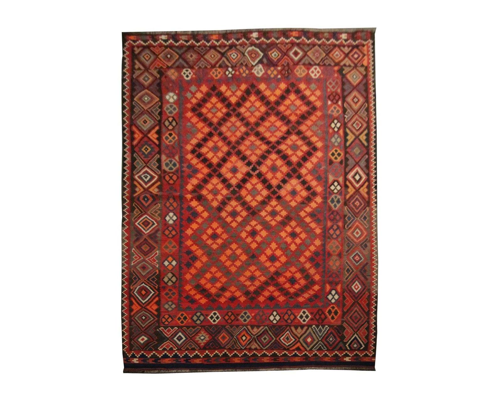 Deep Red Afghan Kilim Rug: Large Geometric Wool Handmade Carpet (6.7 X 11.1 Ft.)