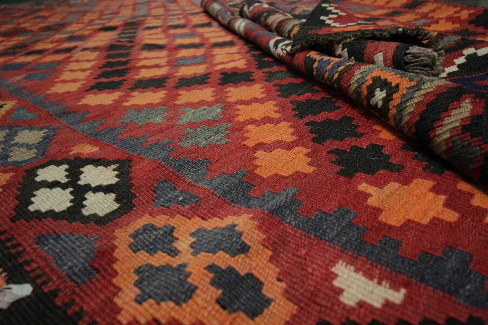 photo for sale Deep Red Afghan Kilim Rug: Large Geometric Wool Handmade Carpet (6.7 X 11.1 Ft.)