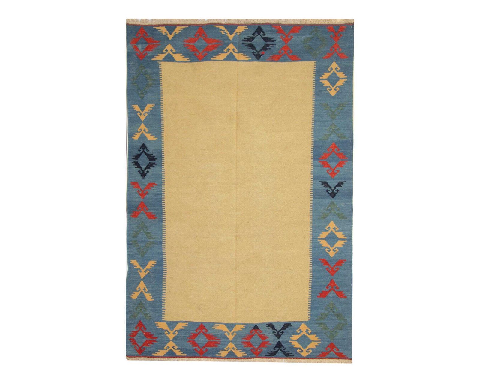 Large Yellow Afghan Kilim Rug: Gold Geometric Tribal Wool Carpet (9.10 X 6.7 Ft