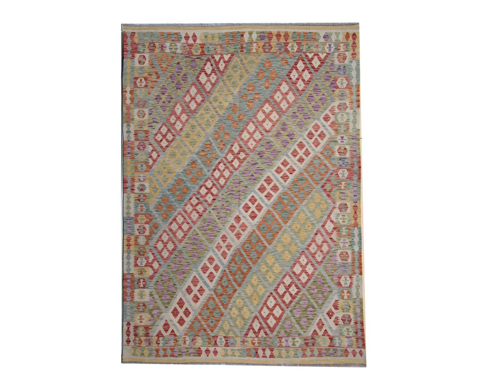 Multicolor Afghan Kilim Rug: Striped Contemporary Wool Flatweave, Geometric Decor (9.9 X 6.7 Ft.)
