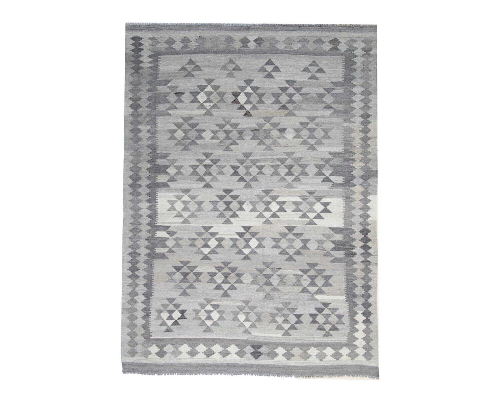 Handmade Afghan Kilim Rug: Grey Wool Geometric Flatweave (7.10 X 5.9 Ft.)