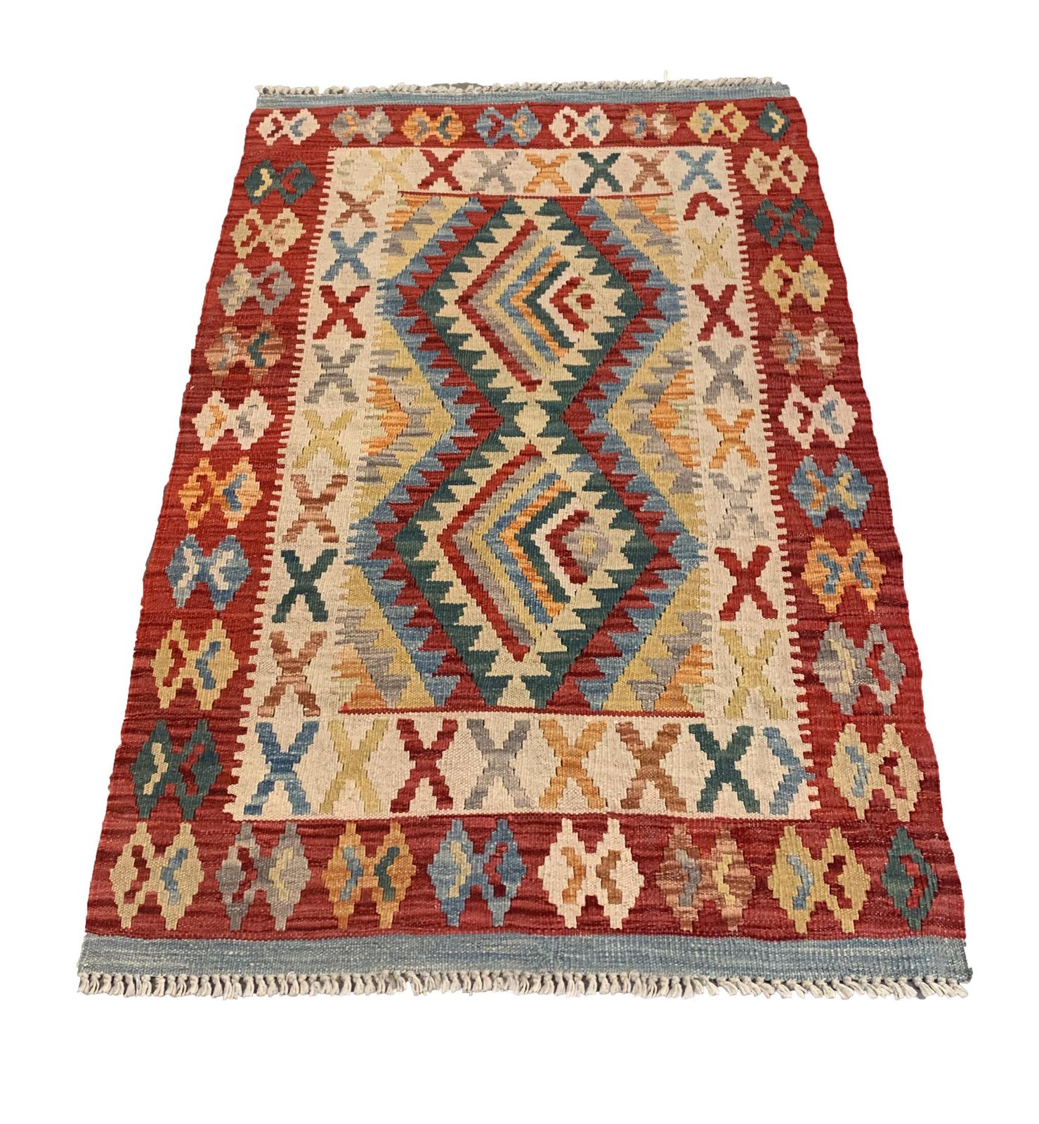 Handmade Afghan Kilim Rug: Wool Tribal Geometric Mat, Home Decor (2.9 X 4.3 Ft.) photo furniture