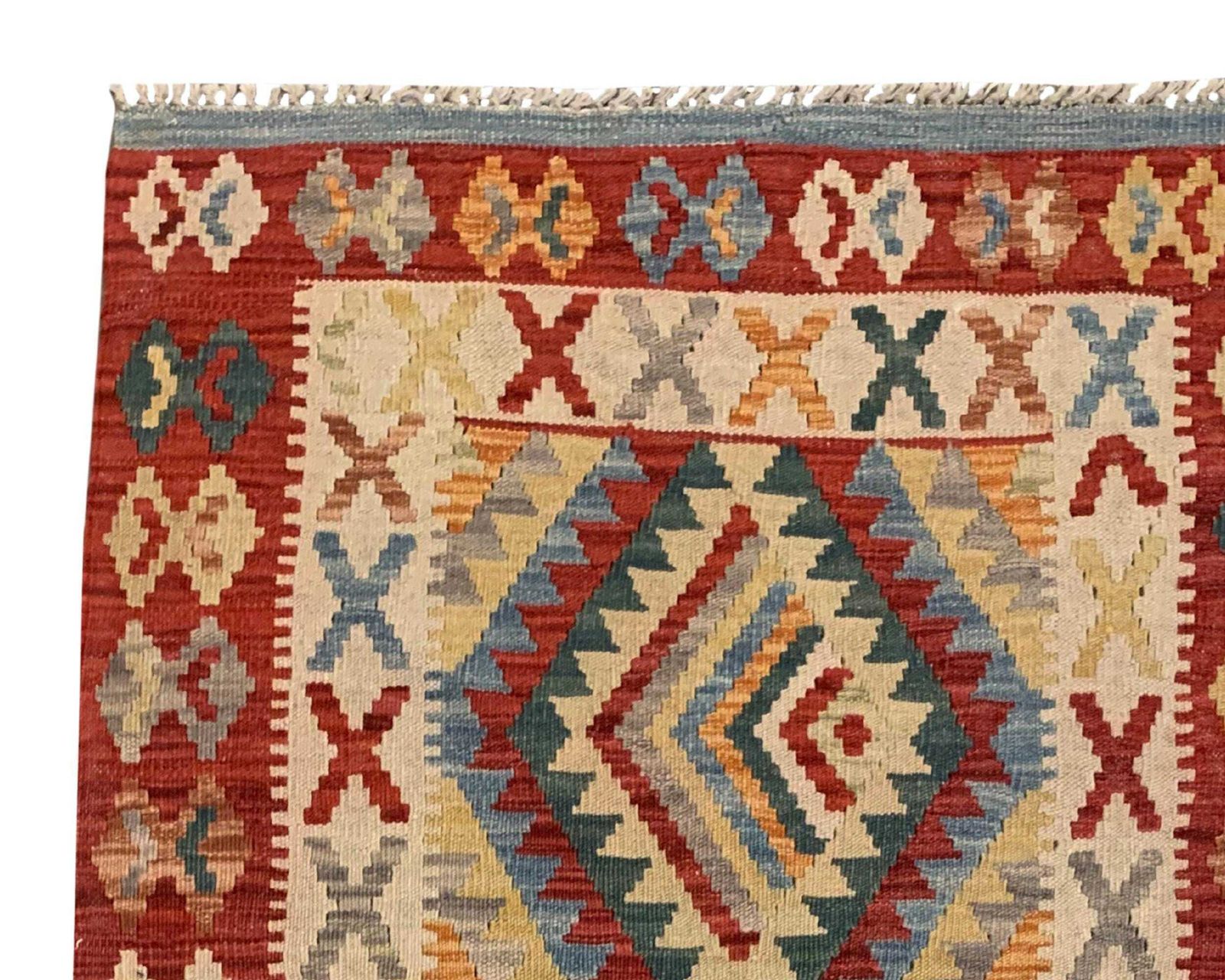 Handmade Afghan Kilim Rug: Wool Tribal Geometric Mat, Home Decor (2.9 X 4.3 Ft.) photo for sale