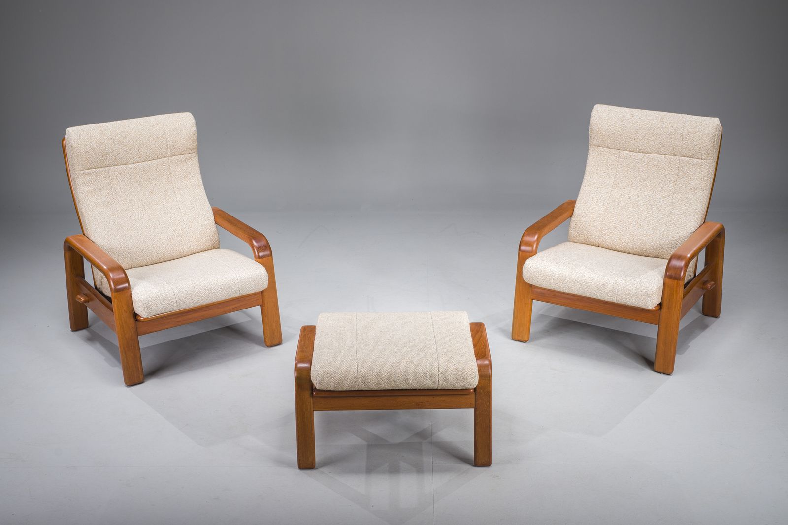 Furniture Mid Century Modern Danish Chairs And Ottoman In Teak From Hs Design, 1960s, Set Of 3 photo