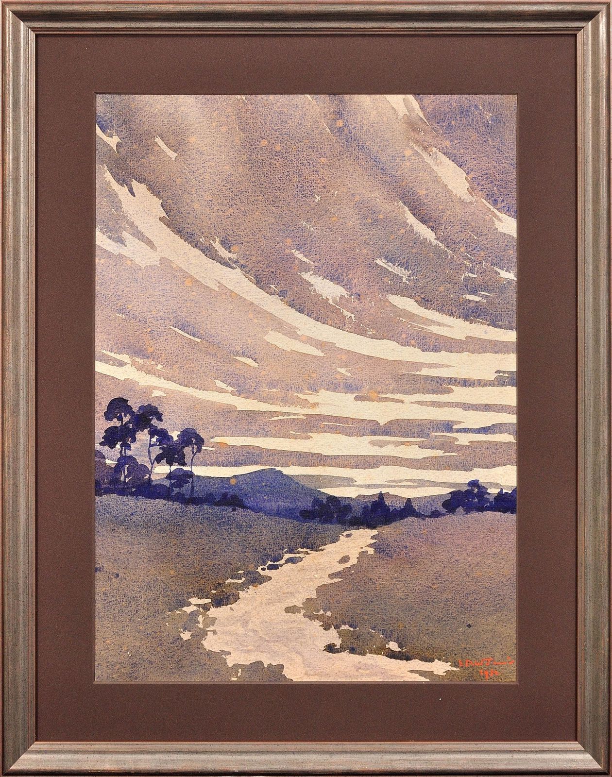 Samuel Timmins 1900 To 1951 Art Deco Watercolour Painting A Running Stream In The Welsh Marches Landscape 1932