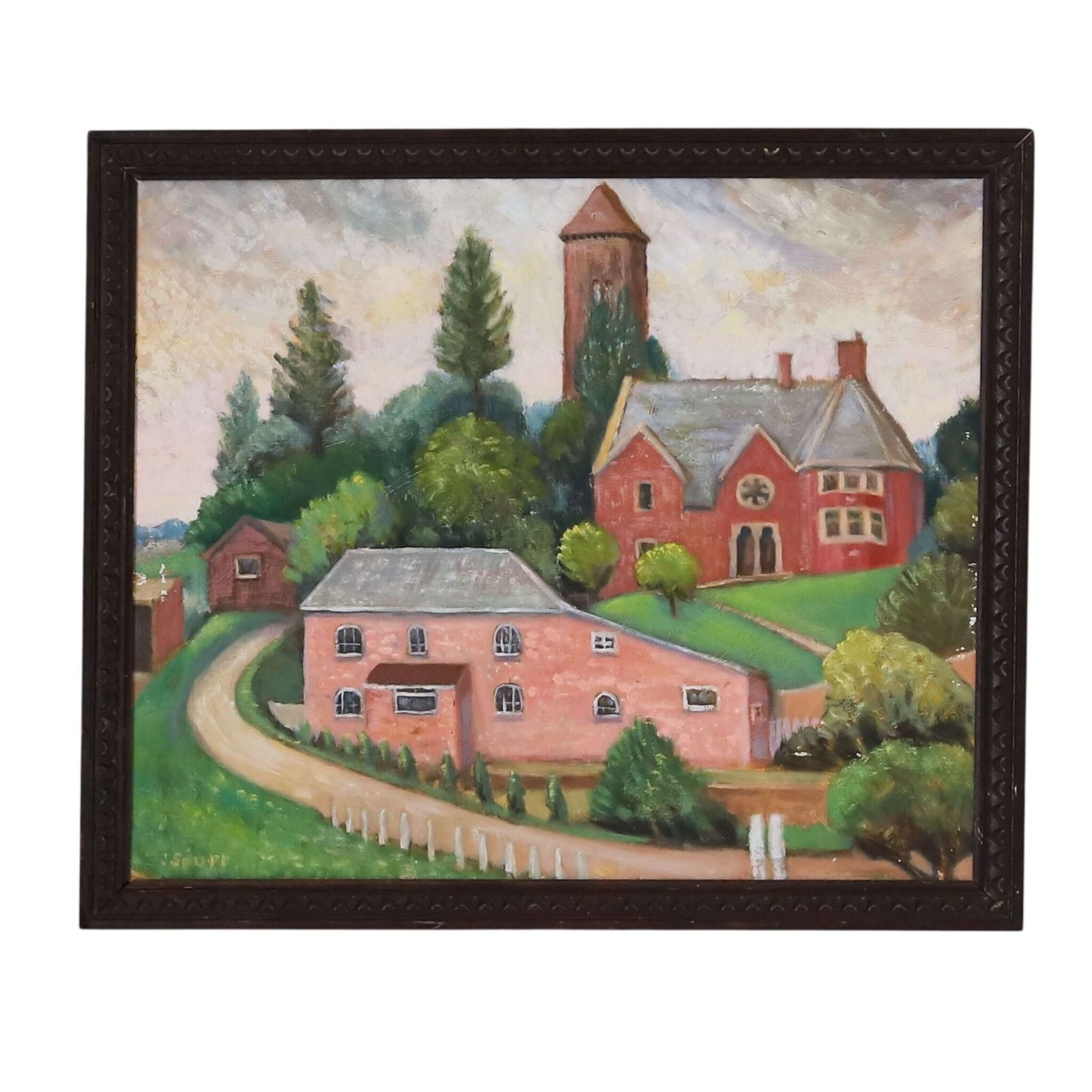 English 1920s Naïve Oil On Board Painting Of Charming Village Scene