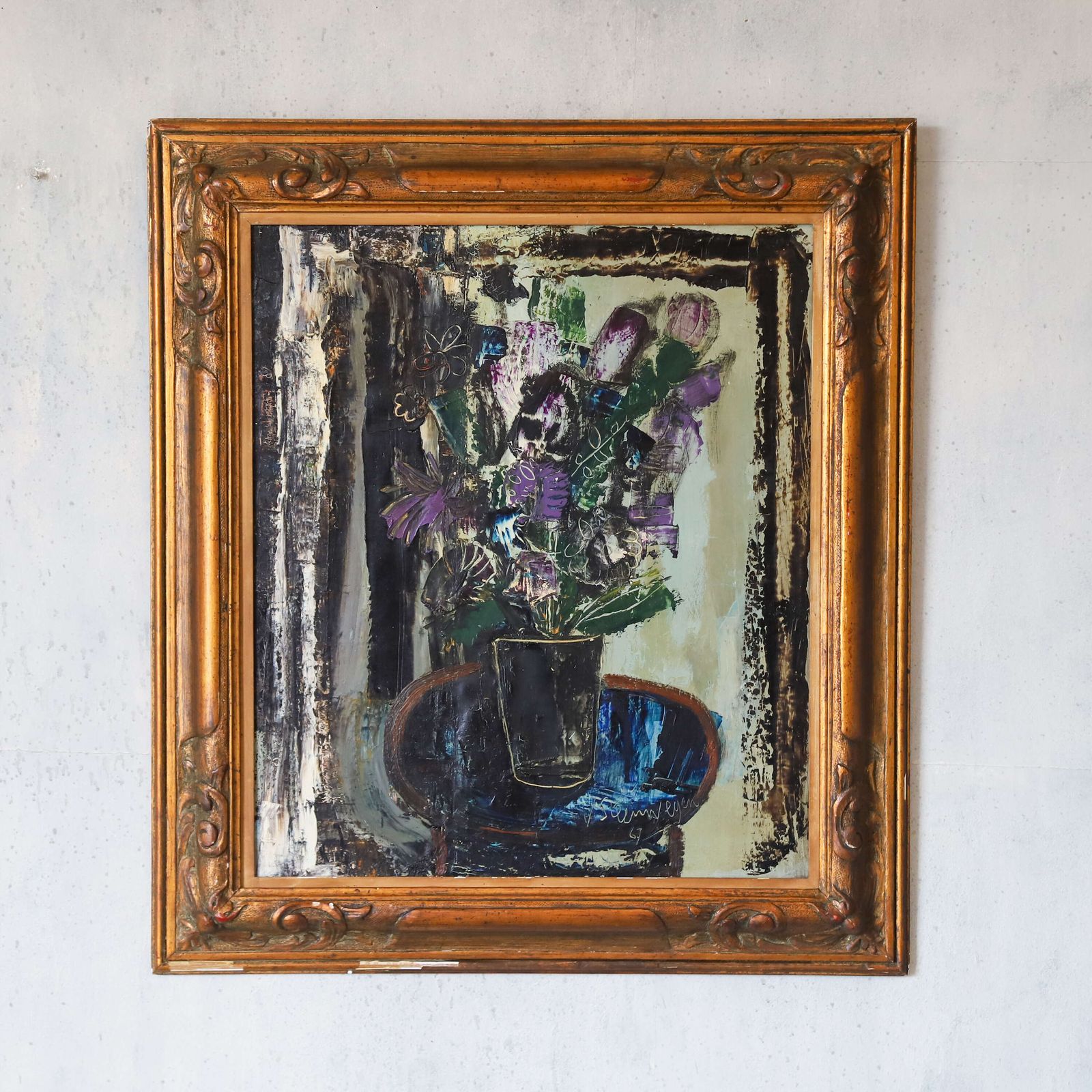 Floral Still Life – Oil On Canvas By Gustave Van Steenwegen (1905–1986) photo furniture