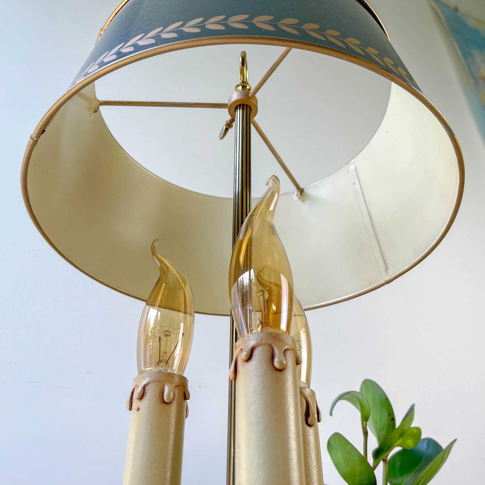 Vintage Empire Style Hot Water Bottle Lamp – Gilded Bronze And Laurel Green Shade – 3 Candle Arms photo vinterior