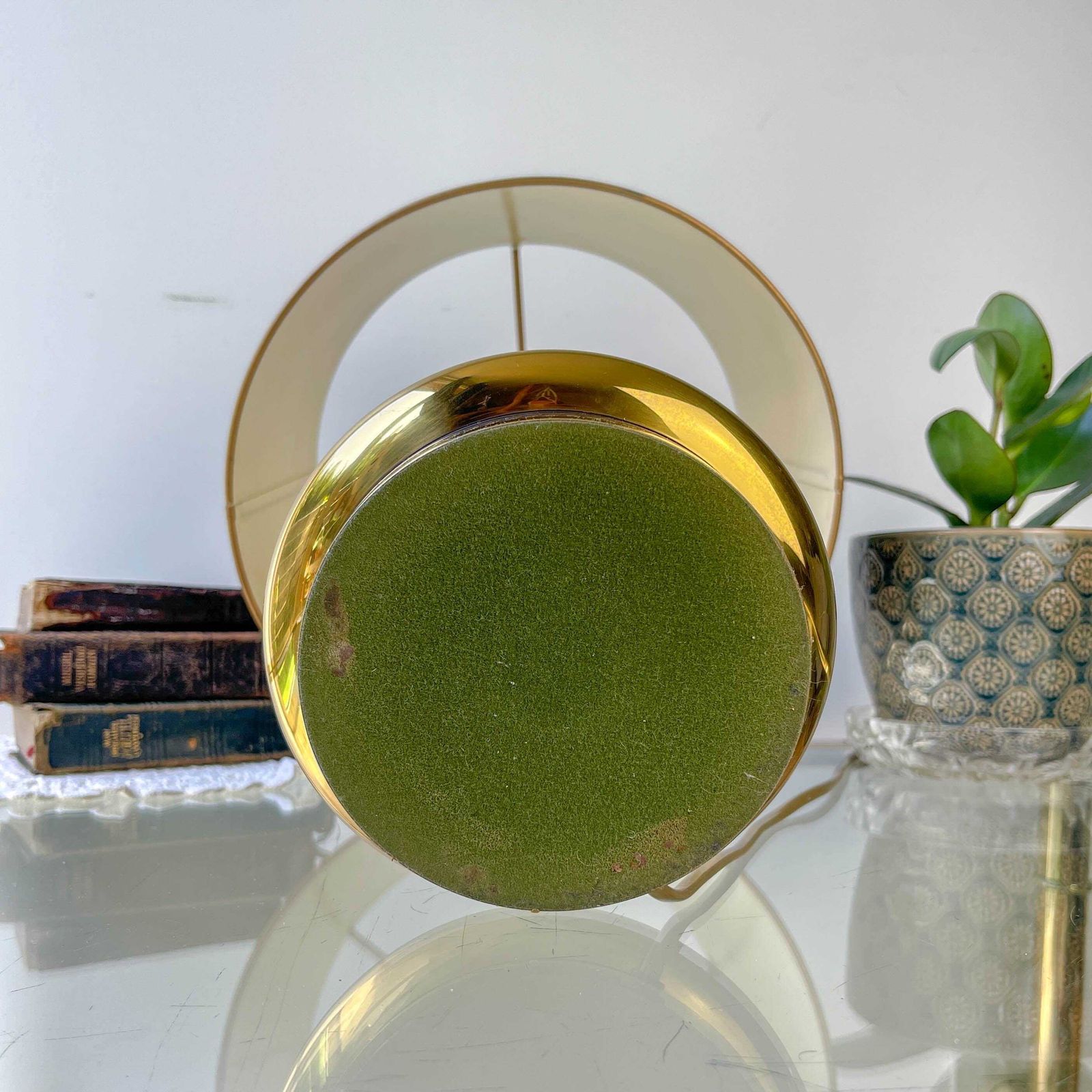 Vintage Empire Style Hot Water Bottle Lamp – Gilded Bronze And Laurel Green Shade – 3 Candle Arms photo vintage