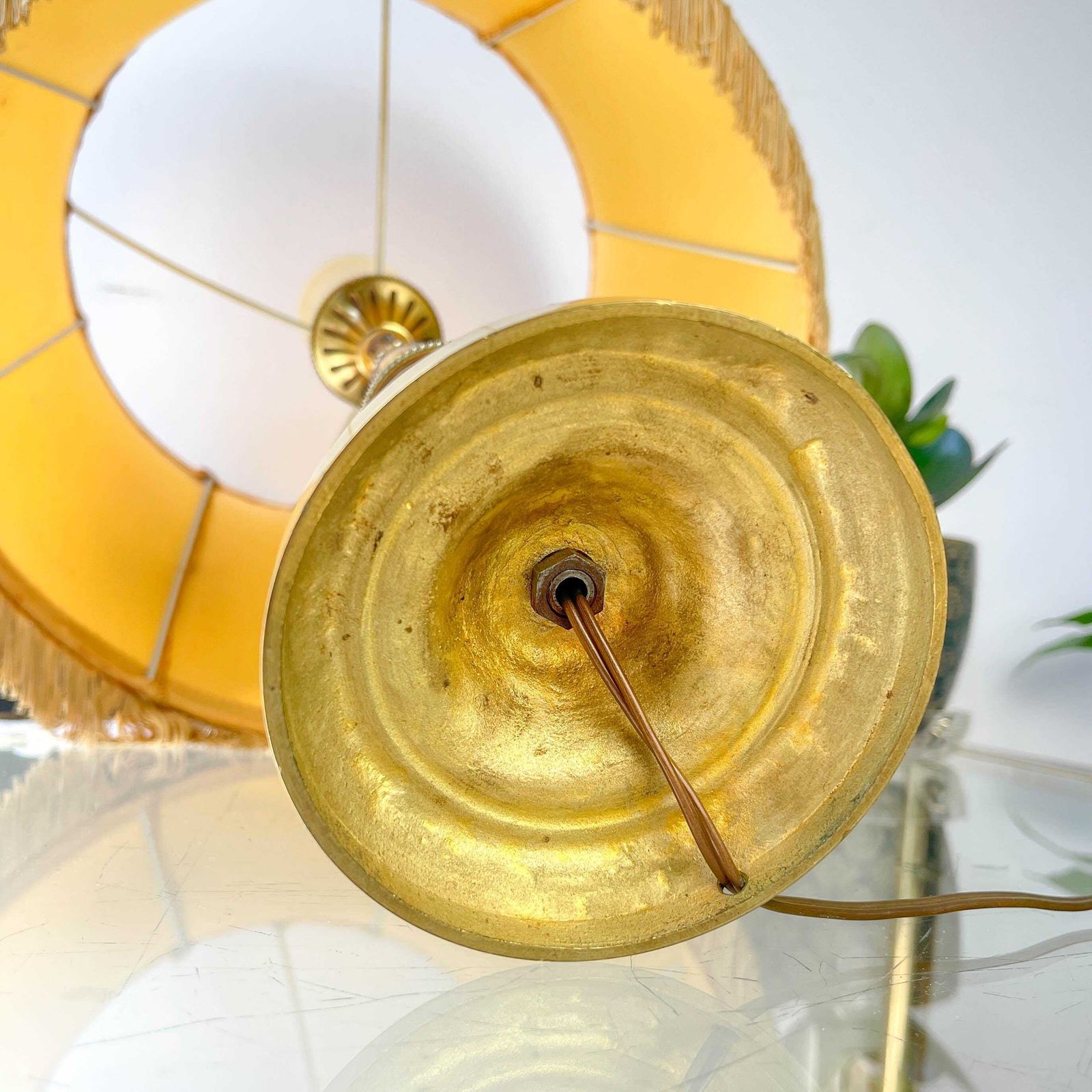 photo for sale Louis XVI Style Gilt Bronze Lamp With Yellow Fringed Shade   Elegant Vintage Antique Lamp