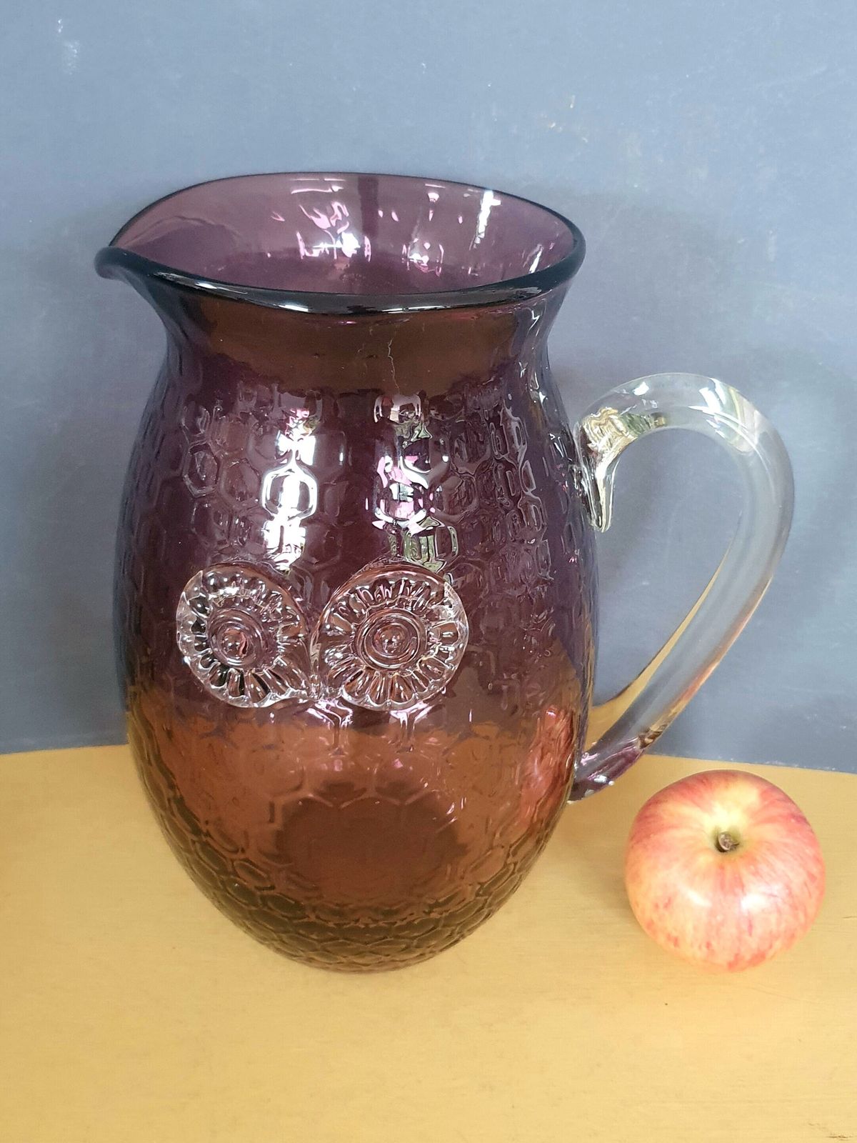 A Magnificent Vintage Murano 25cm Tall, 2.5l Amethyst Glass Xl Pitcher, Honeycomb Texture With Applied Owl Eyes Motif, 1970s photo furniture