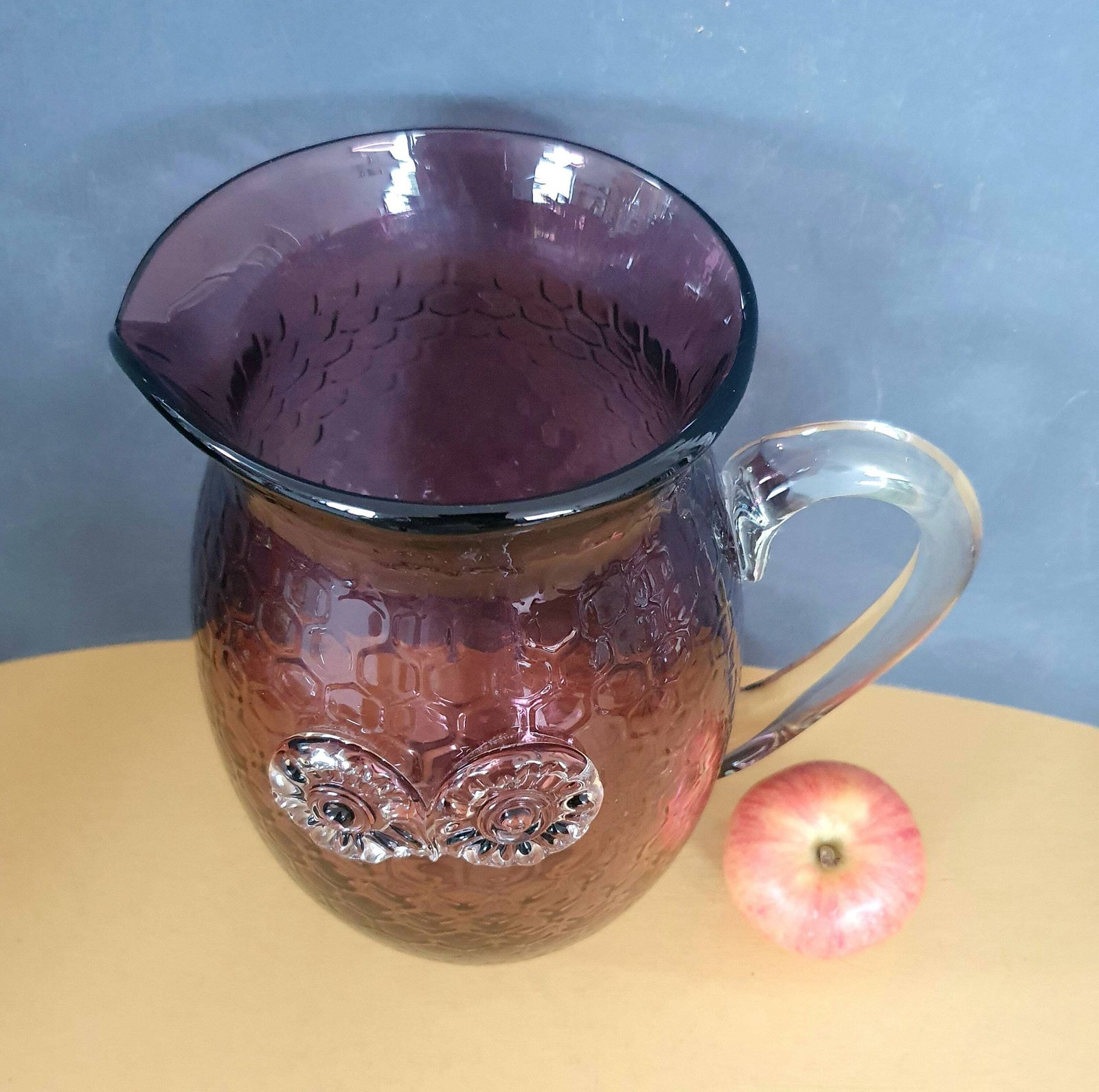 A Magnificent Vintage Murano 25cm Tall, 2.5l Amethyst Glass Xl Pitcher, Honeycomb Texture With Applied Owl Eyes Motif, 1970s photo for sale