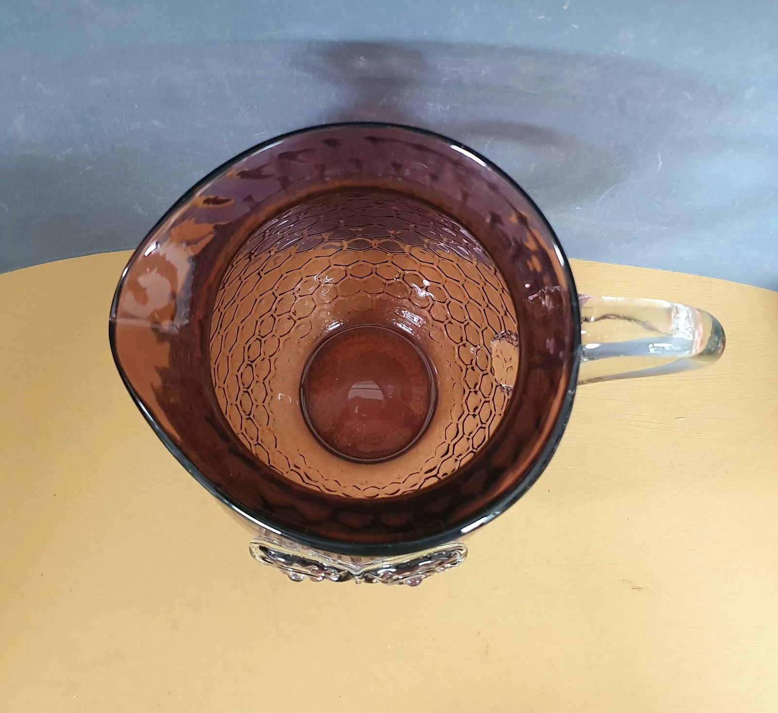 A Magnificent Vintage Murano 25cm Tall, 2.5l Amethyst Glass Xl Pitcher, Honeycomb Texture With Applied Owl Eyes Motif, 1970s photo Home Decor