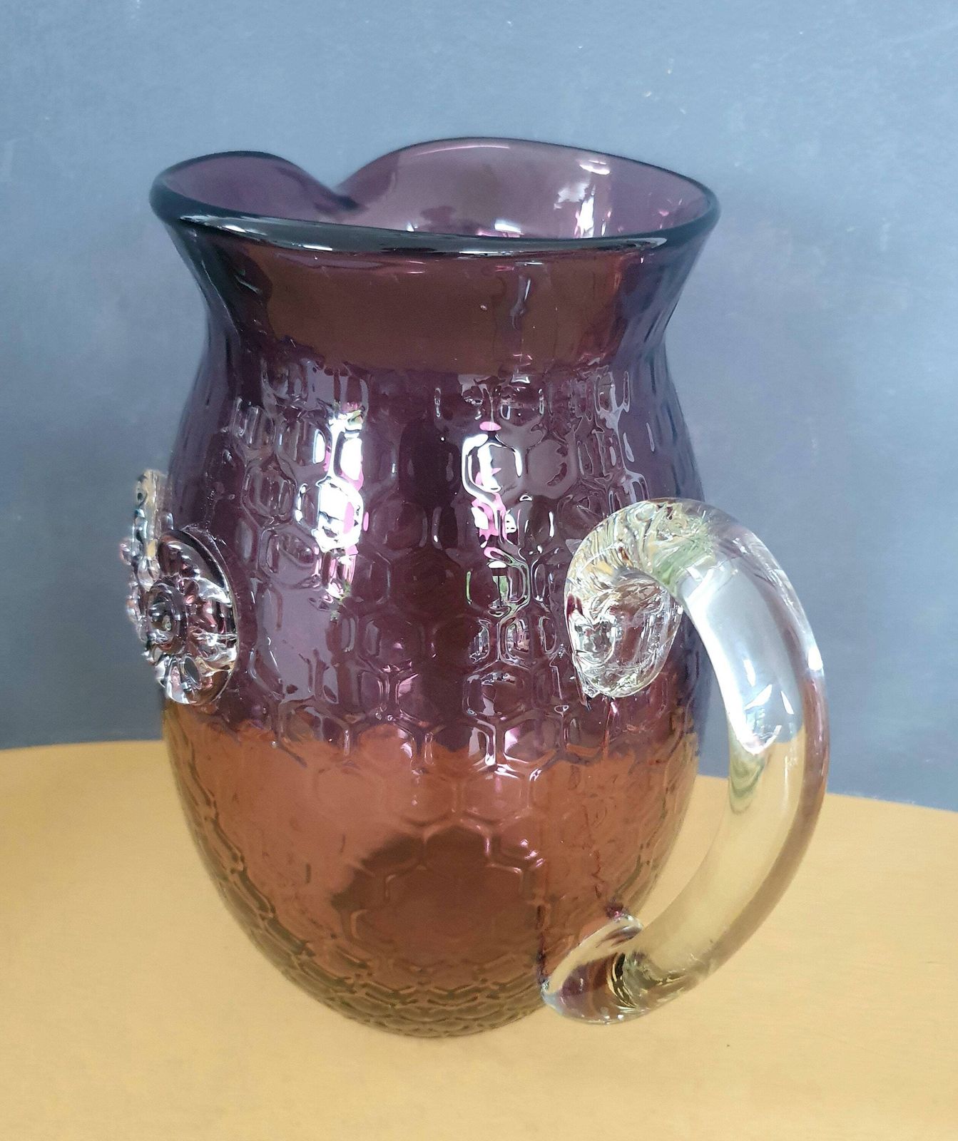 A Magnificent Vintage Murano 25cm Tall, 2.5l Amethyst Glass Xl Pitcher, Honeycomb Texture With Applied Owl Eyes Motif, 1970s photo vinterior