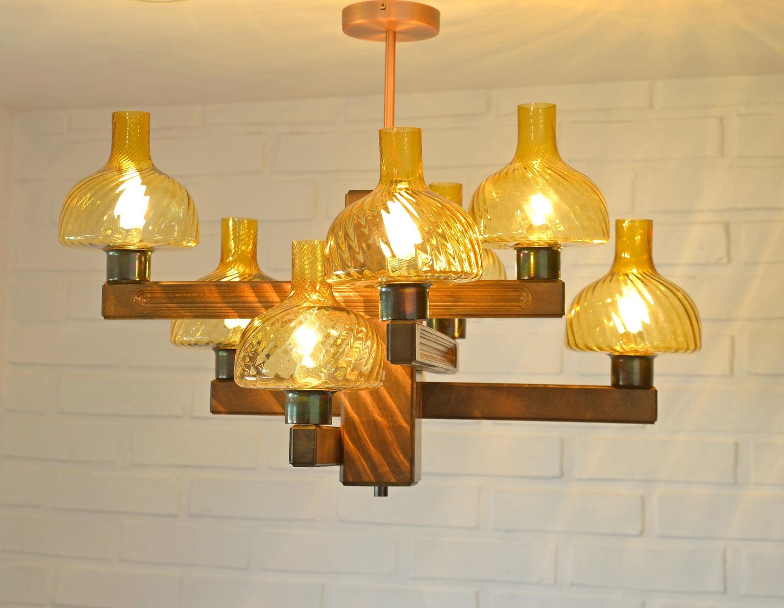 Large Vintage Wood Pendant Light / Mid Century Massive Rustic Chandelier / Colonial Style Light Fixture / Hand Carved Wood / Amber Glass