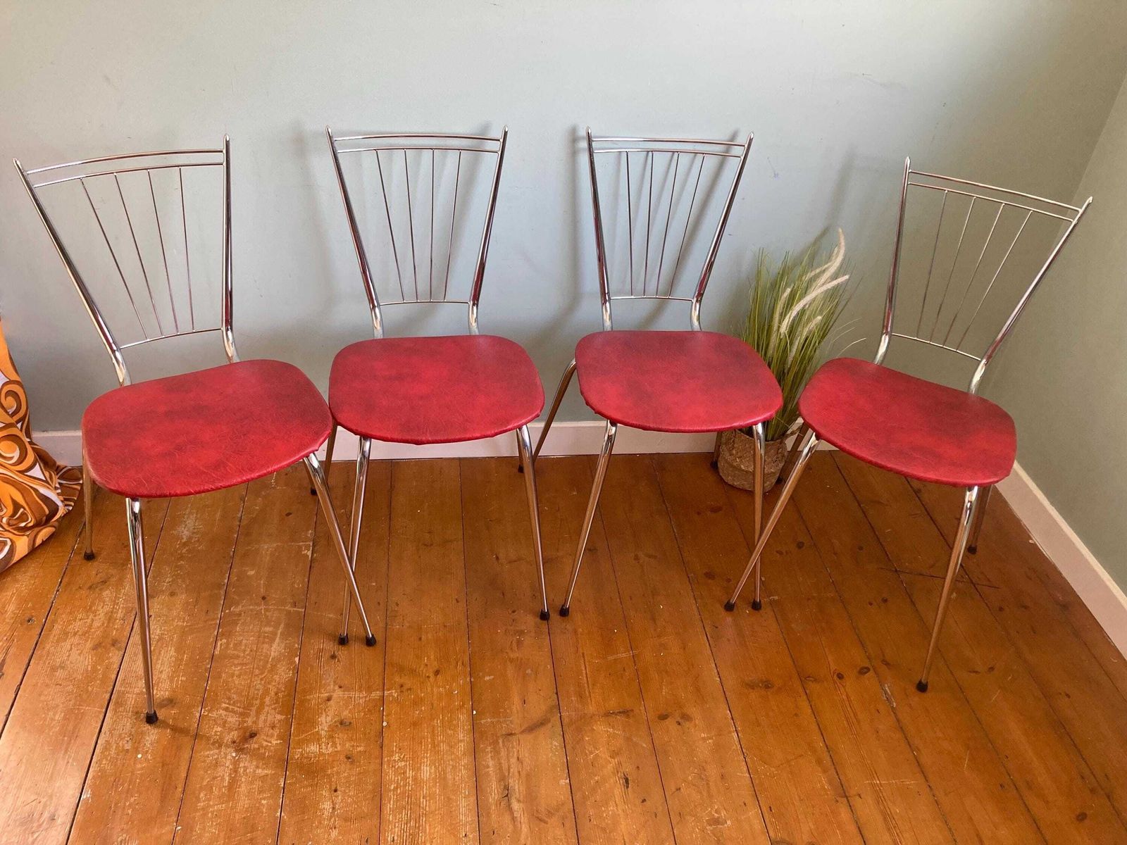 Set Of Four Vintage Mid Century Chrome Dining Chairs With Red Vinyl Seats C1950s photo for sale