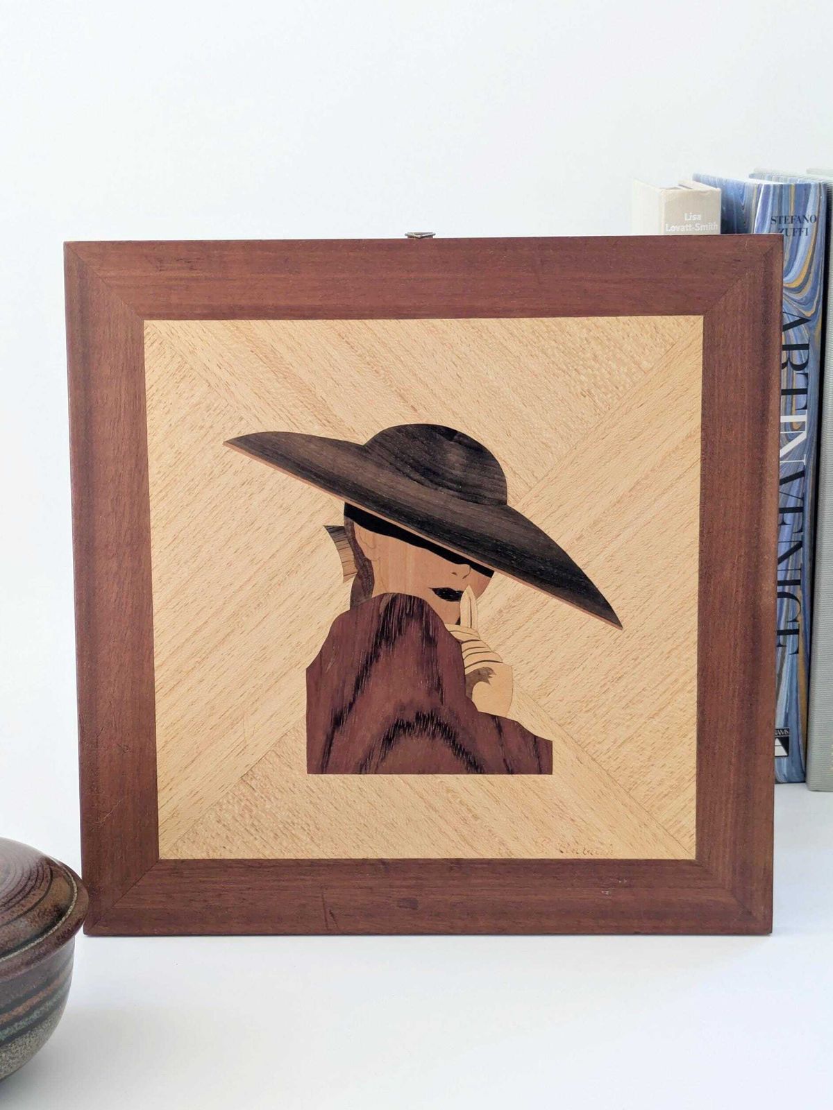photo for sale Vintage Intarsia Wood Wall Art: Elegant Woman Portrait, Mid Century Modern