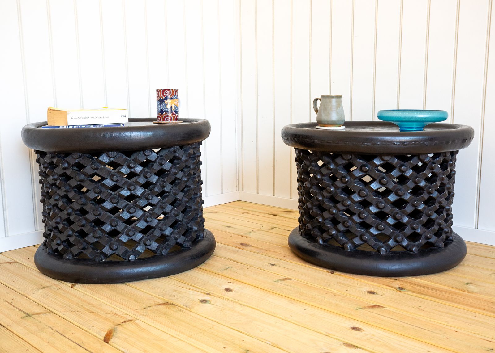 Pair Of African Coffee Tables Sculptural Organic Tribal Bamileke Black Mcm 1950s Trunk Hewn Carved Ethnographic Bohemian Cultural Sculptural Organic photo furniture