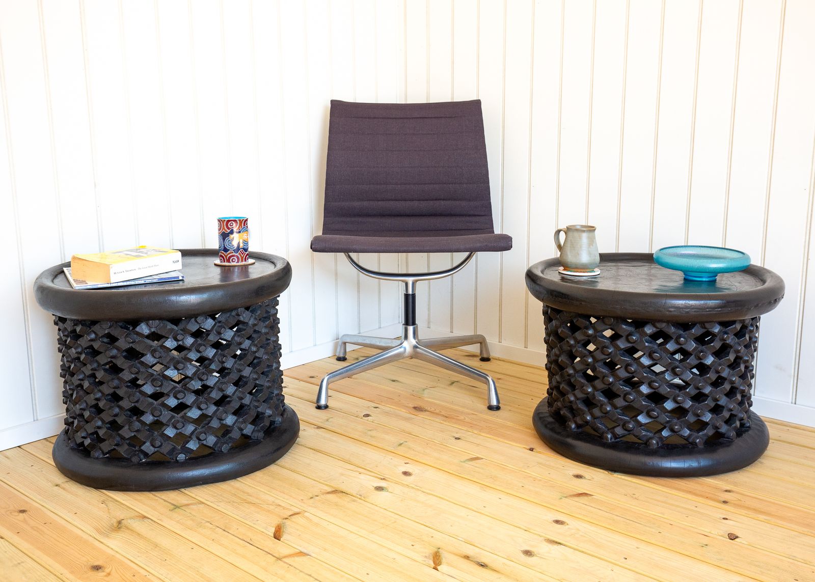 Furniture Pair Of African Coffee Tables Sculptural Organic Tribal Bamileke Black Mcm 1950s Trunk Hewn Carved Ethnographic Bohemian Cultural Sculptural Organic photo