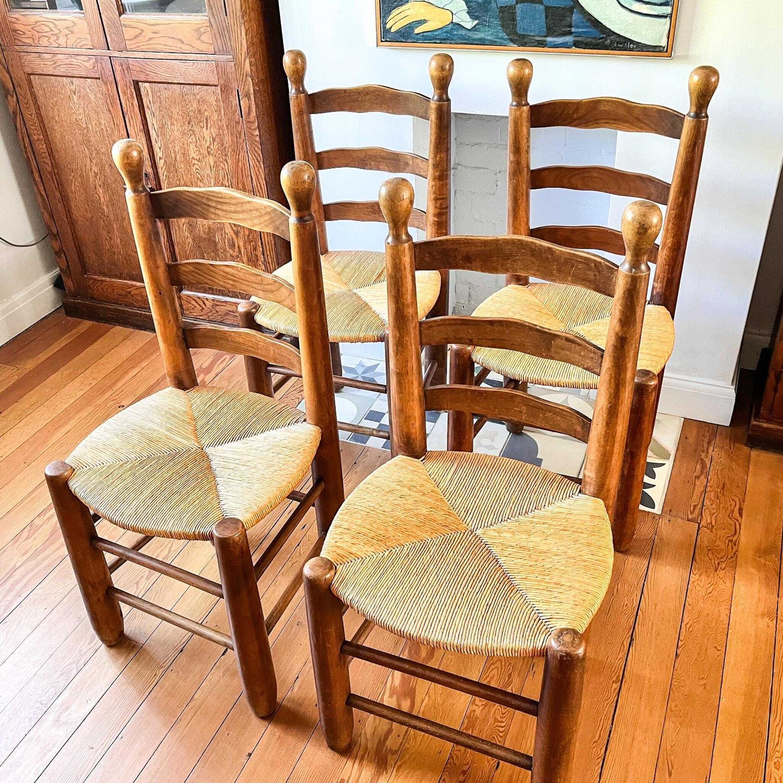 Set Of Four French Charles Dudouyt Style Dining Chairs With Rush Seats photo furniture