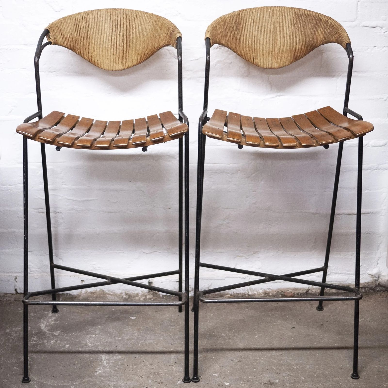 Wrought Iron Wicker & Slatted Wood Bar Stools By Arthur Umanoff For Raymor, 1950s, Set Of 2 photo vinterior