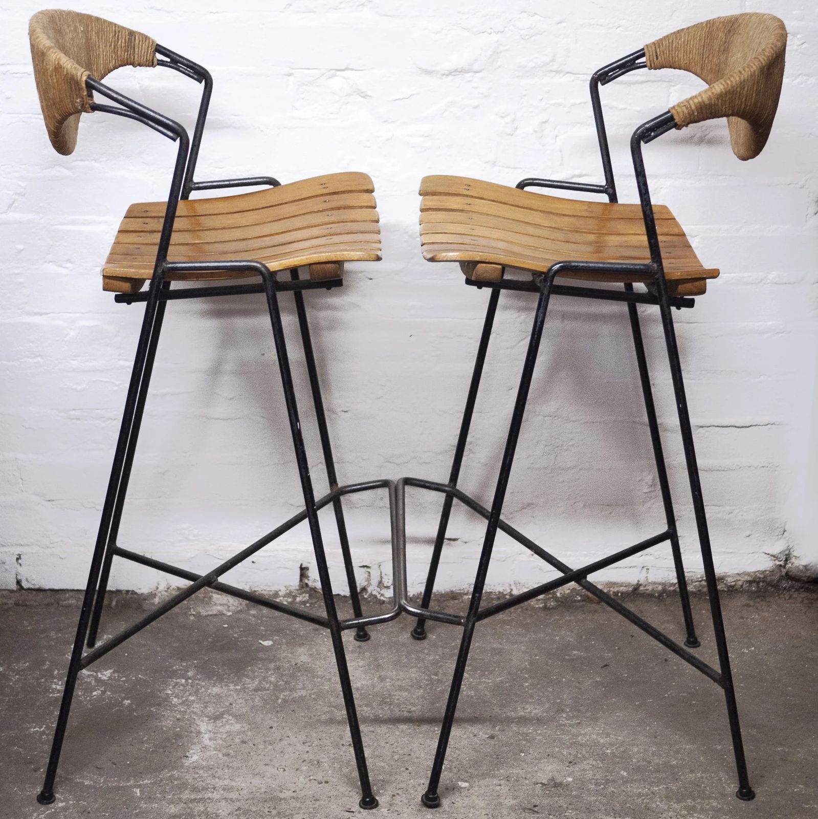 photo furniture Wrought Iron Wicker & Slatted Wood Bar Stools By Arthur Umanoff For Raymor, 1950s, Set Of 2