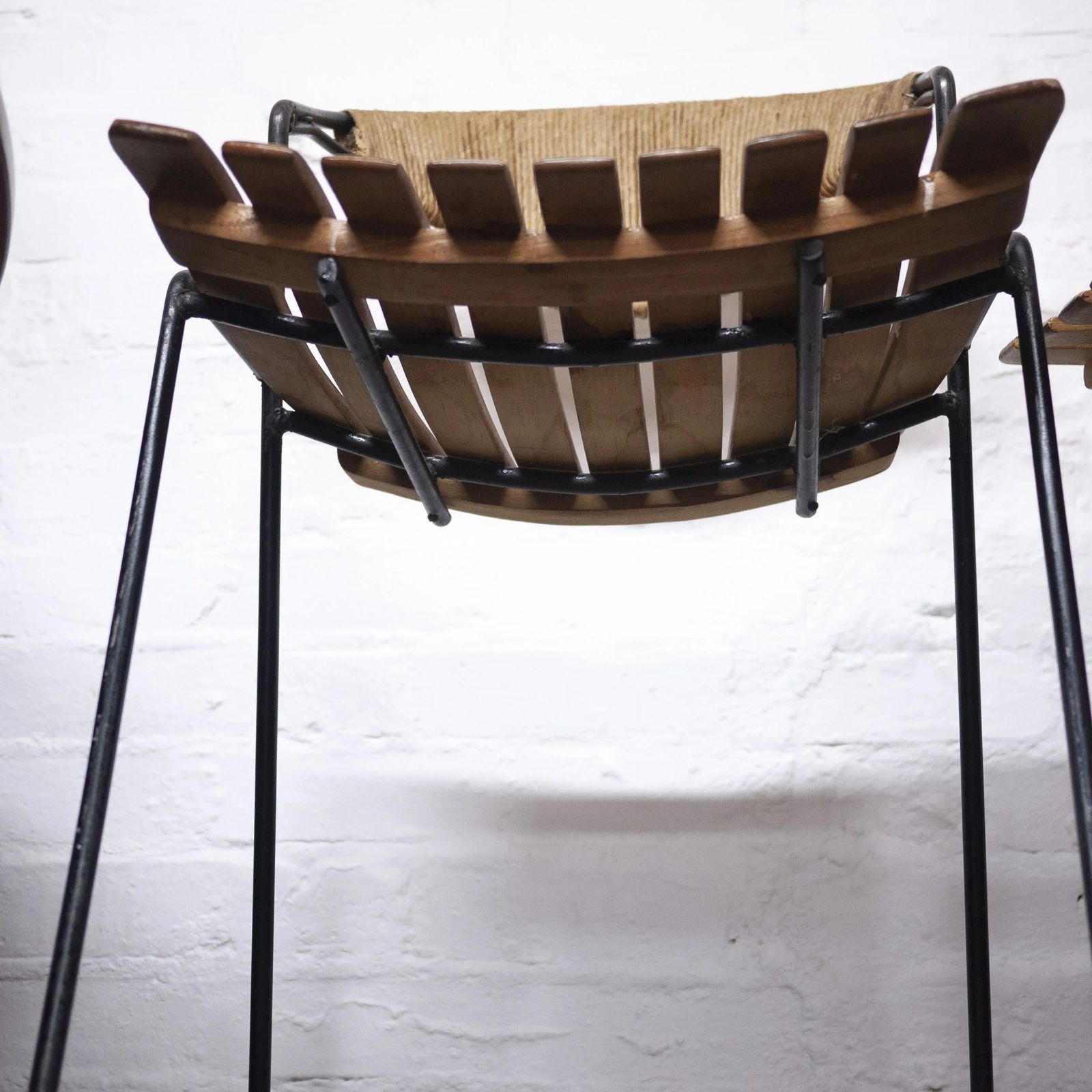 Furniture Wrought Iron Wicker & Slatted Wood Bar Stools By Arthur Umanoff For Raymor, 1950s, Set Of 2 photo