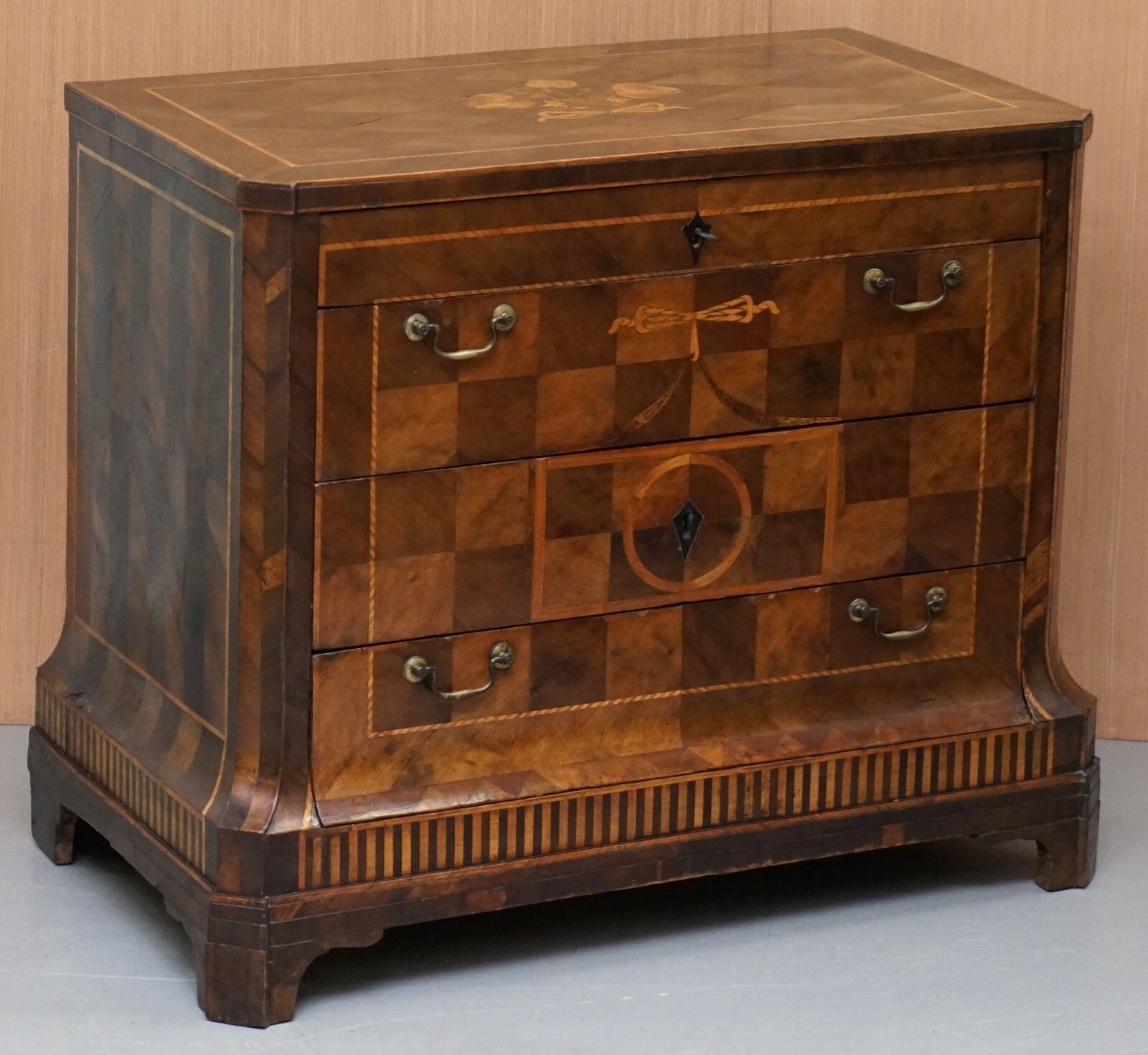 Rare Circa 1780 Continental Parquetry Marquetry Inlaid Commode Chest Of Drawers photo for sale