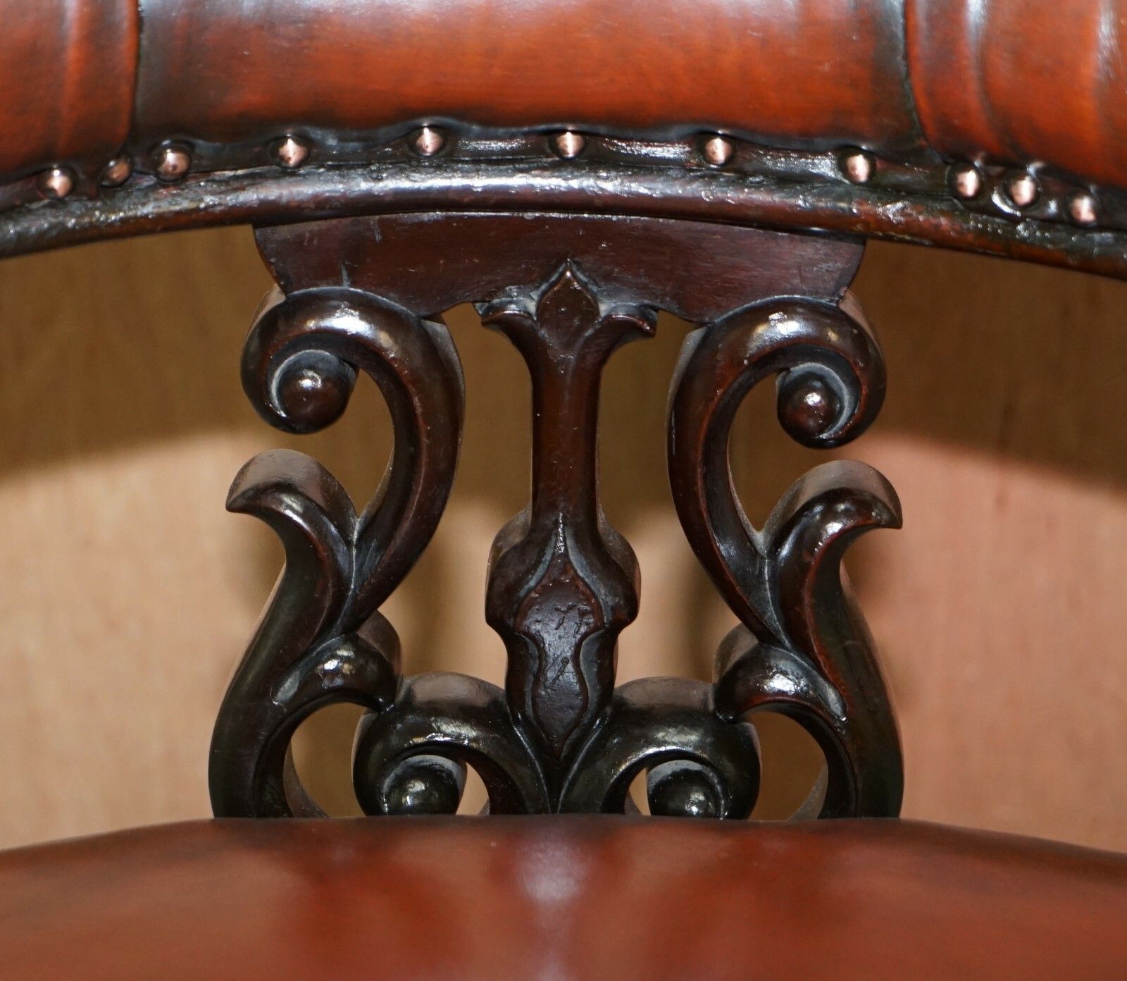Rare Fully Restored Regency Show Framed Carved Mahognay Brown Leather Armchair photo 2750.0