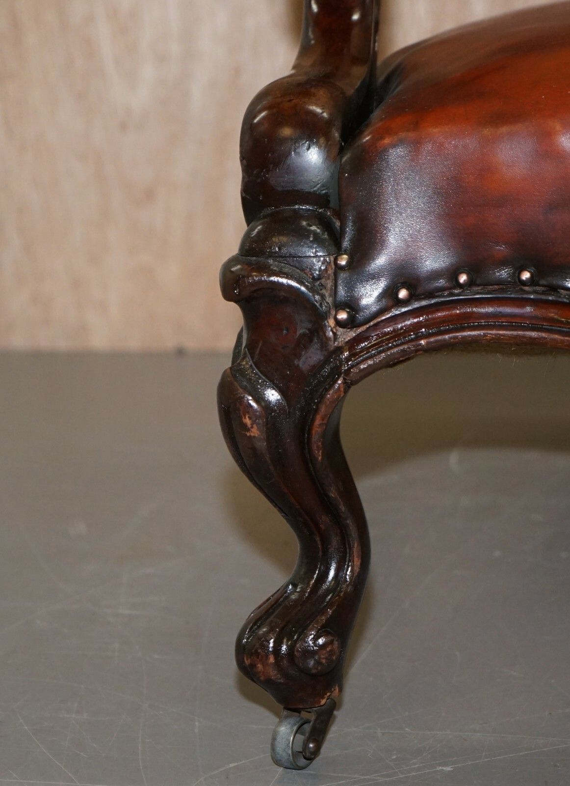 Rare Fully Restored Regency Show Framed Carved Mahognay Brown Leather Armchair photo vintage