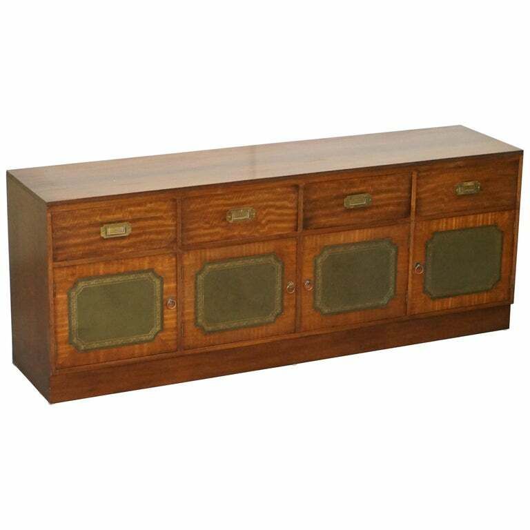 Lovely Harrods Flamed Mahogany & Green Leather Military Campaign Sideboard