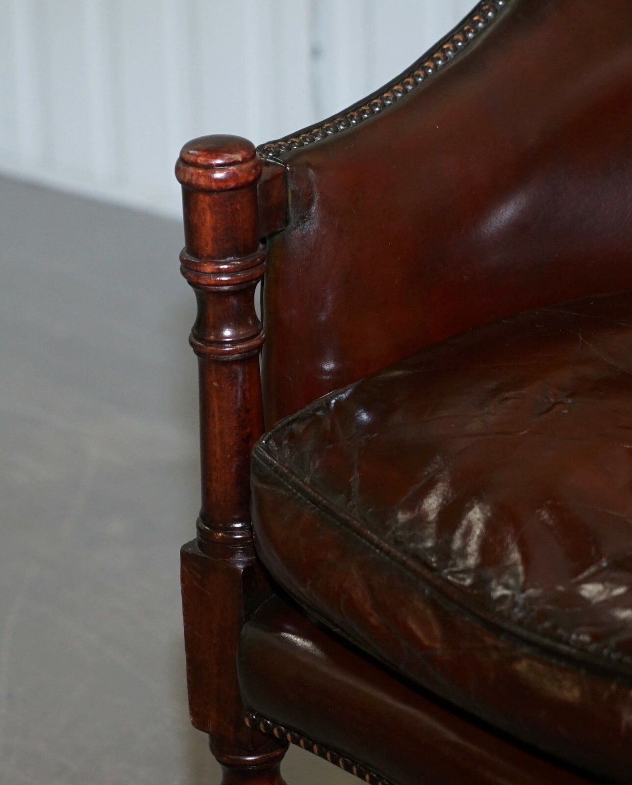 Lovely Fully Restored Vintage Hand Dyed Studded Brown Leather Tub Club Armchair photo vinterior