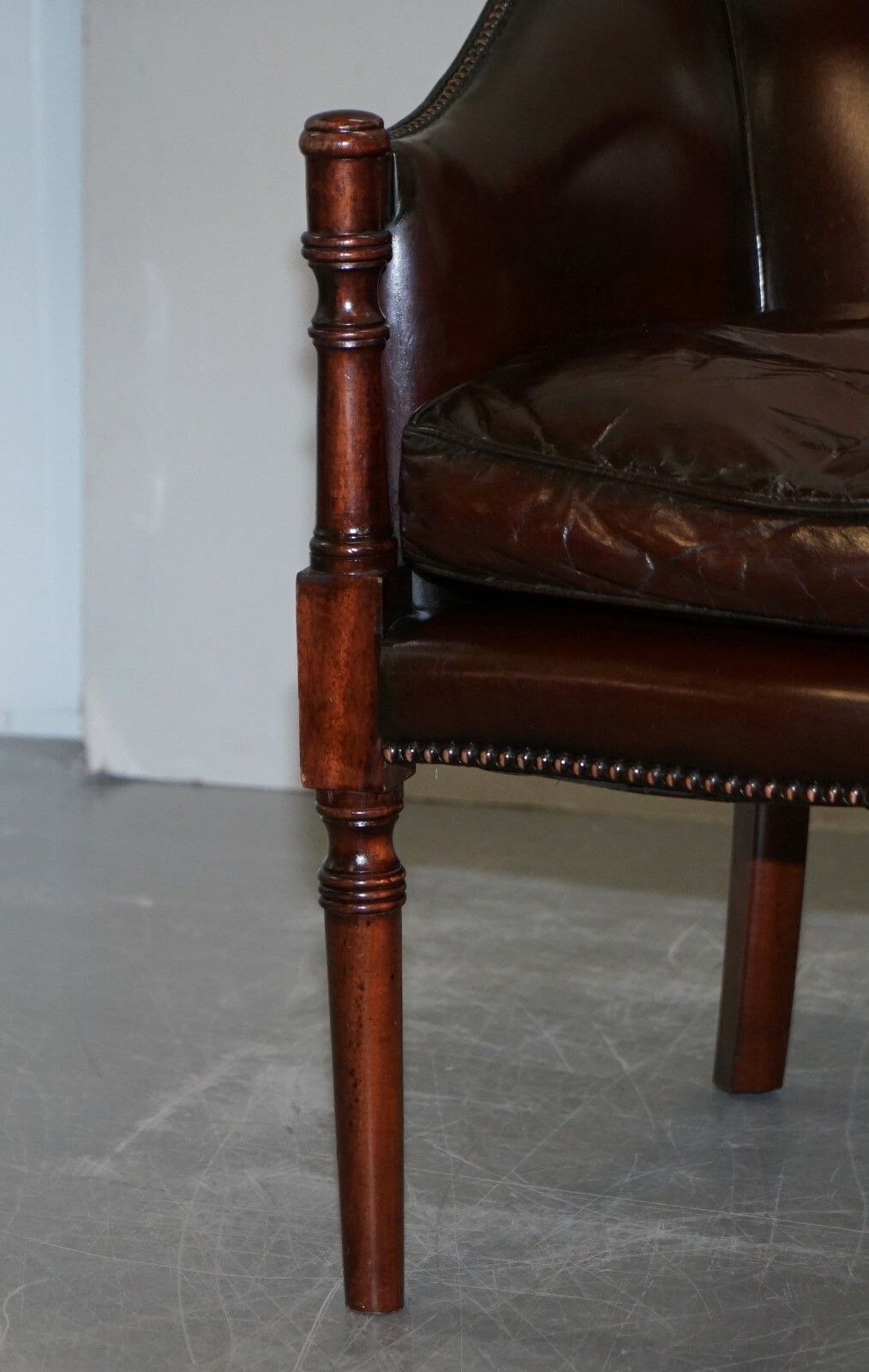 Lovely Fully Restored Vintage Hand Dyed Studded Brown Leather Tub Club Armchair photo vintage