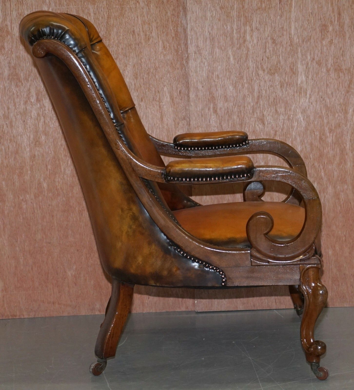 Stunning Show Framed Early Victorian Chesterfield Brown Leather Library Armchair photo vintage