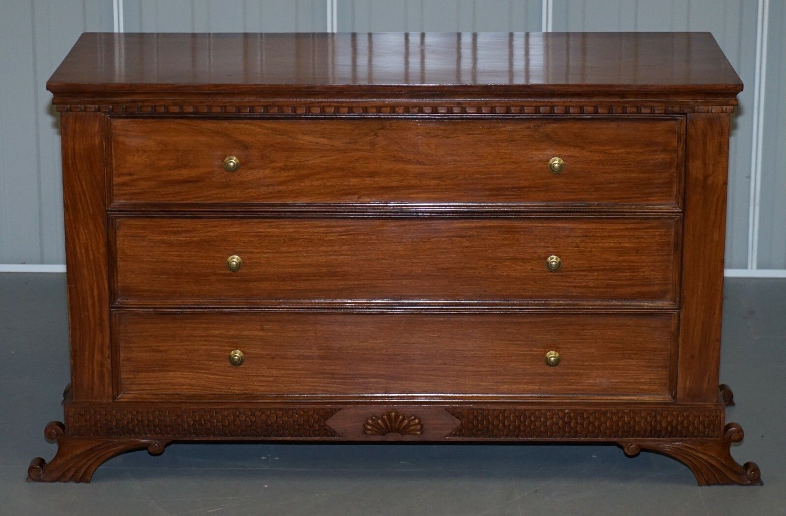 Stunning Suite Of Panelled Mahogany Chests Of Drawers Ornately Carved Bases photo for sale