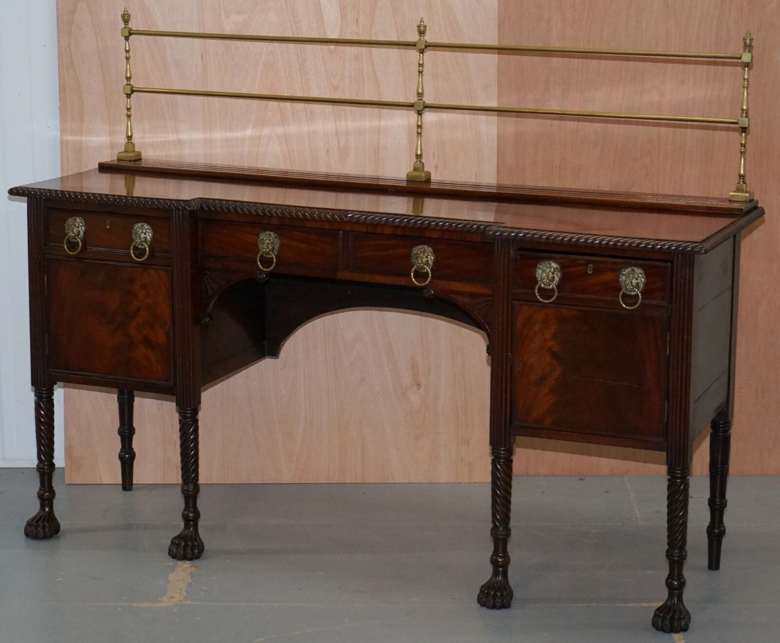 Original 1790 Georgian Irish Mahogany Sideboard With Brass Gallery Lion Handles photo for sale