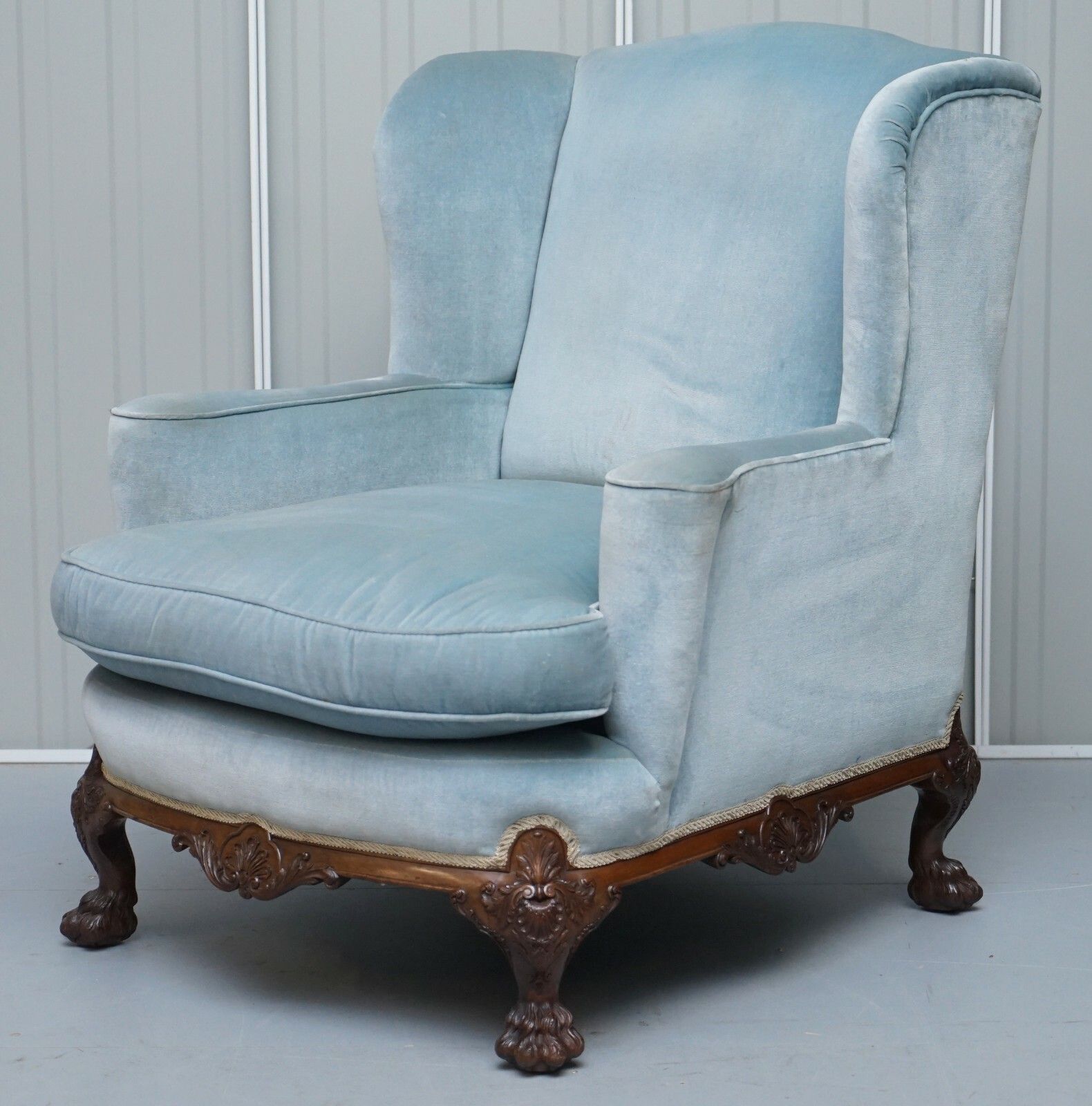 Heavily Carved Lion Hairy Paw Feet Victorian Armchair Sky Blue Velvet George II photo for sale