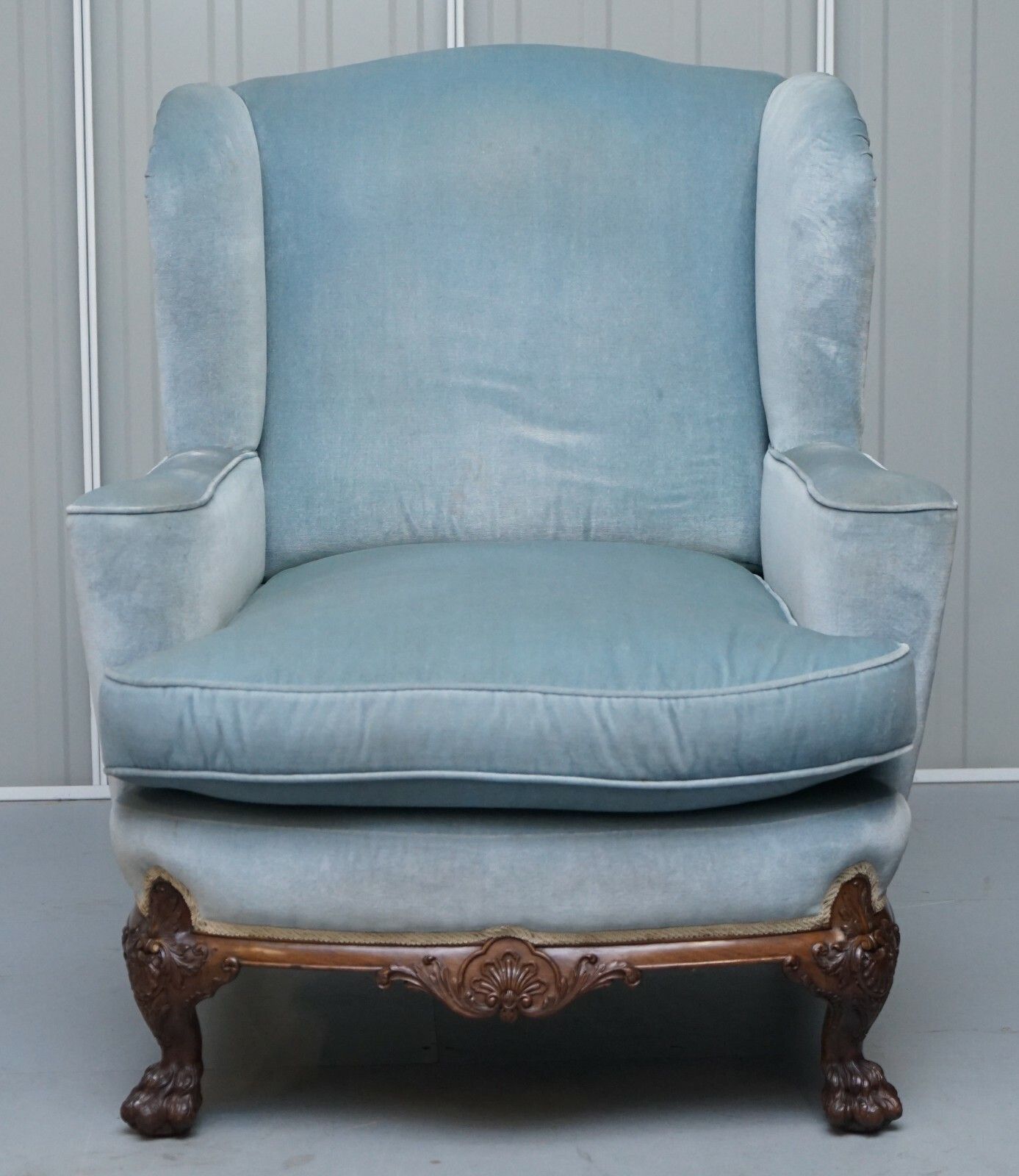 Heavily Carved Lion Hairy Paw Feet Victorian Armchair Sky Blue Velvet George II photo Furniture