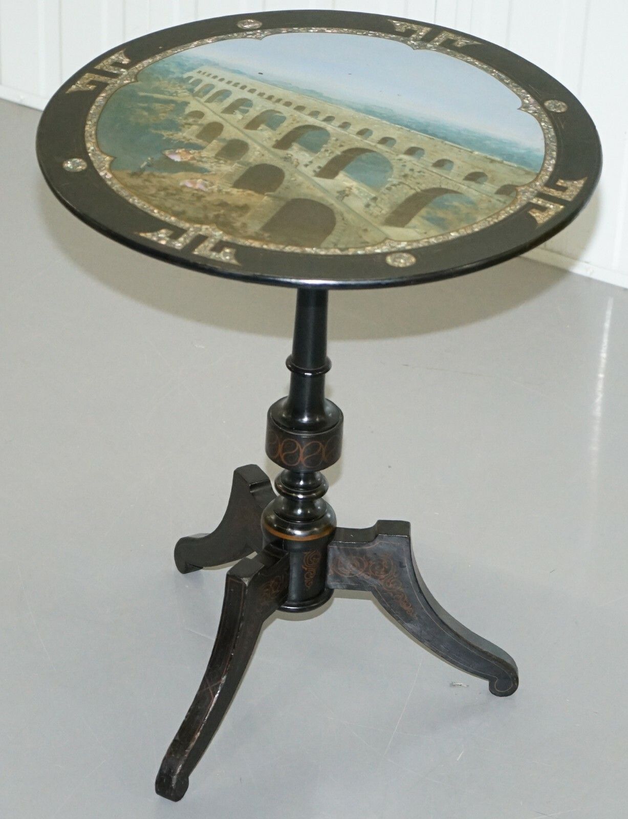 photo furniture Rare 19th Century Pont Du Gard Aqueduct Grand Tour Mother Of Pearl Tripod Table