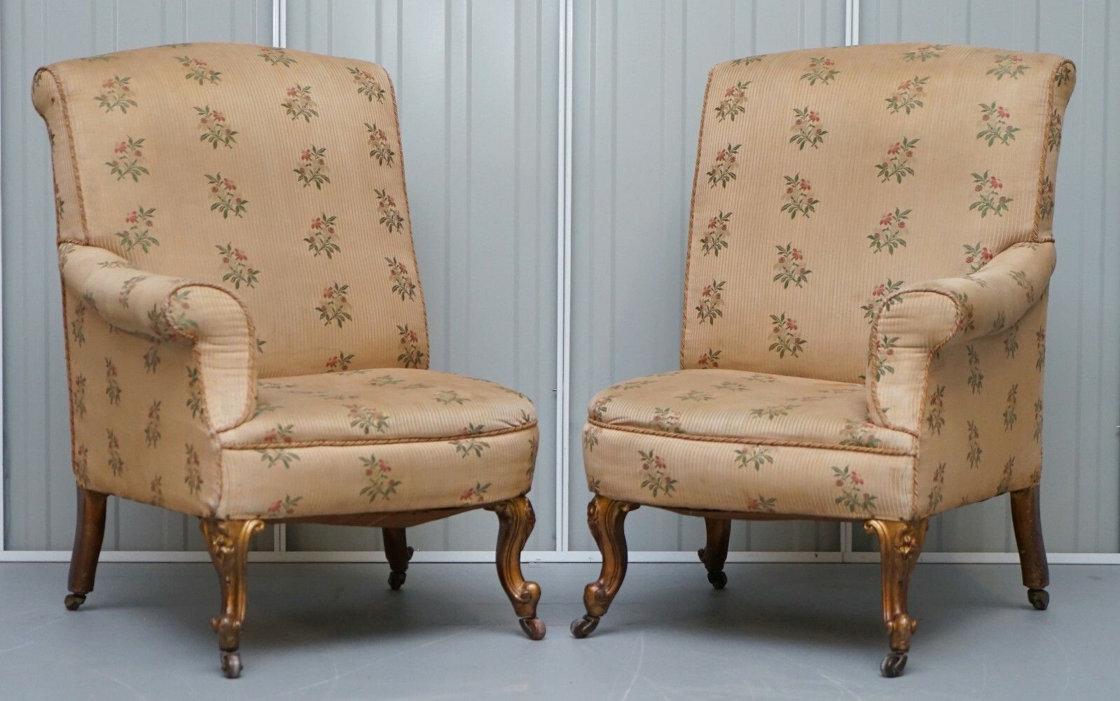 Rare Pair Of Giltwood Victorian Asymmetrical Armchairs Embroidered Bird Covers photo furniture