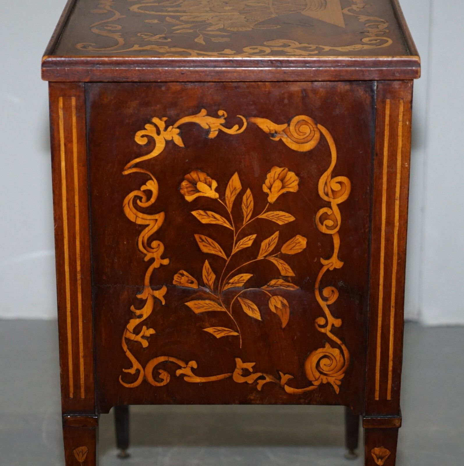photo for sale Lovely 19th Century Dutch Marquetry Inlaid Side Table With Tambour Fronted Door