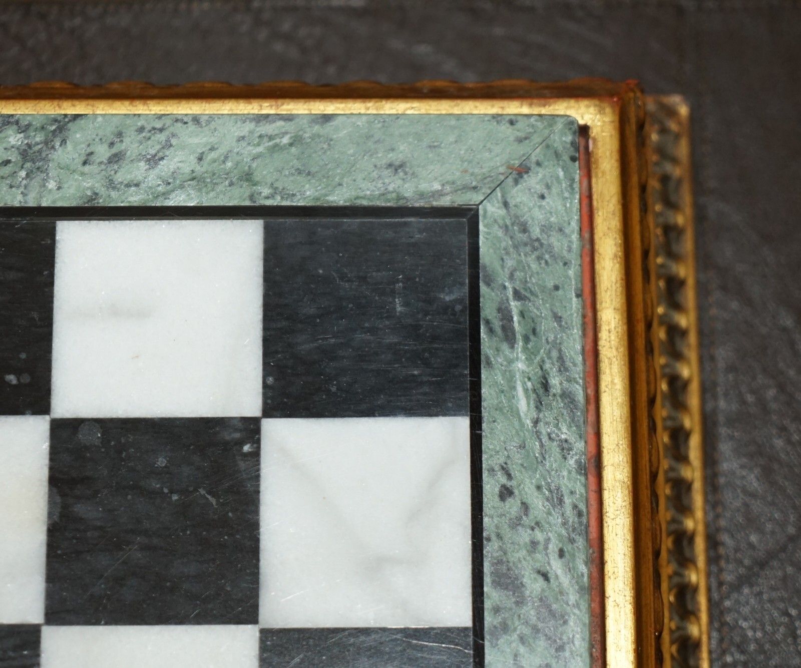 photo vinterior Antique Victorian Staunton Chess Pieces Set + Italian Marble Giltwood Chessboard
