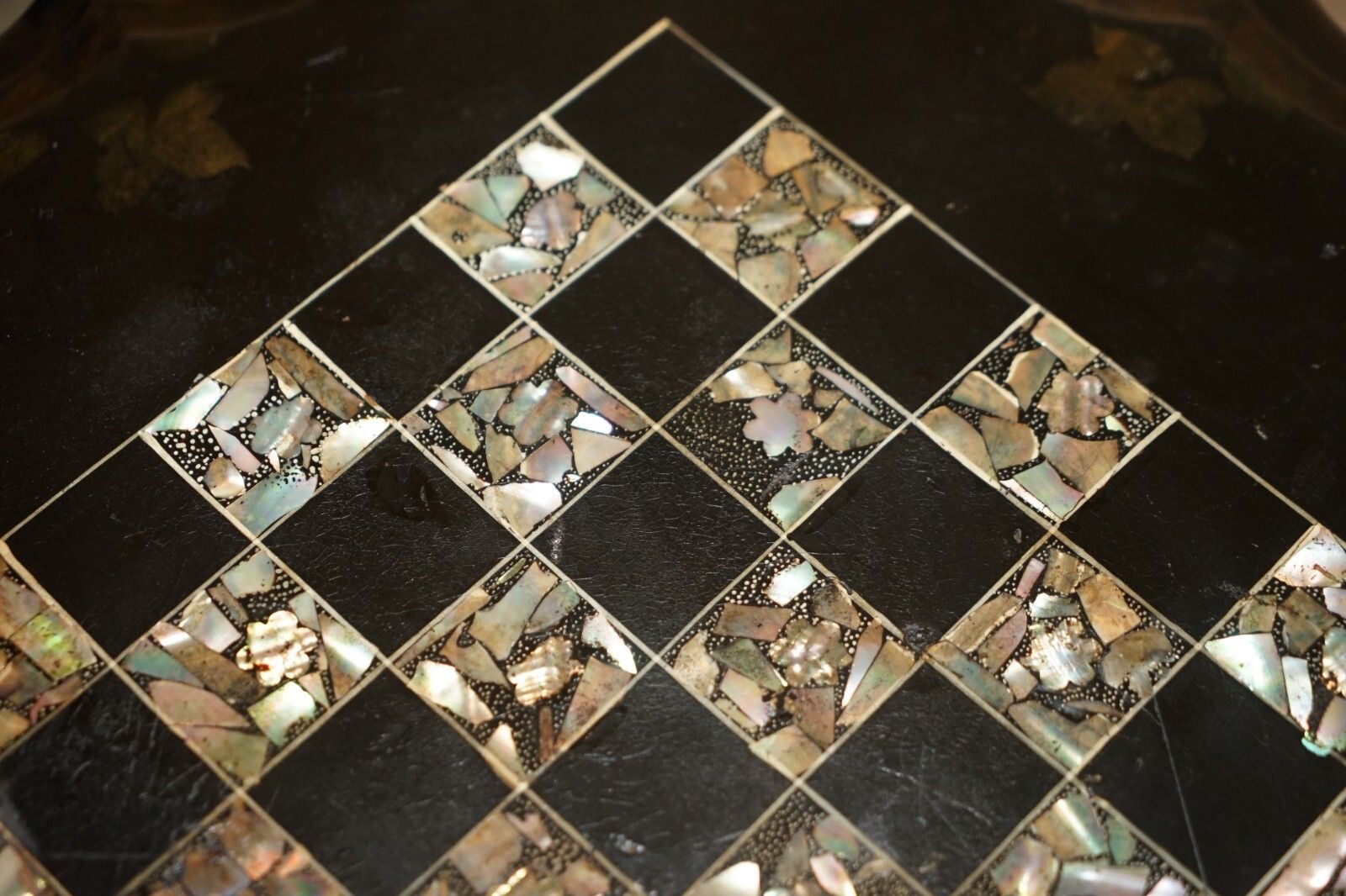 Furniture Stunning Antique Victorian 1860 Black Lacquer Mother Of Pearl Chess Games Table photo