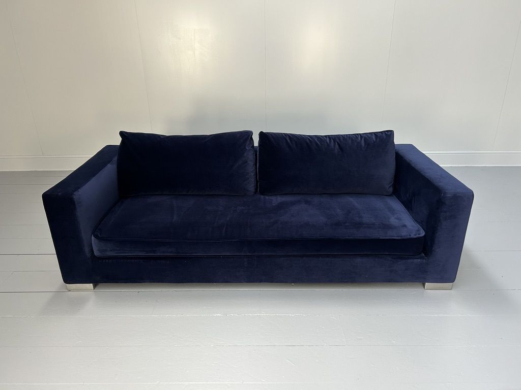 photo furniture Ligne Roset “Rive Gauche” 3 Seat Sofa & Ottoman – In Midnight Blue Velvet